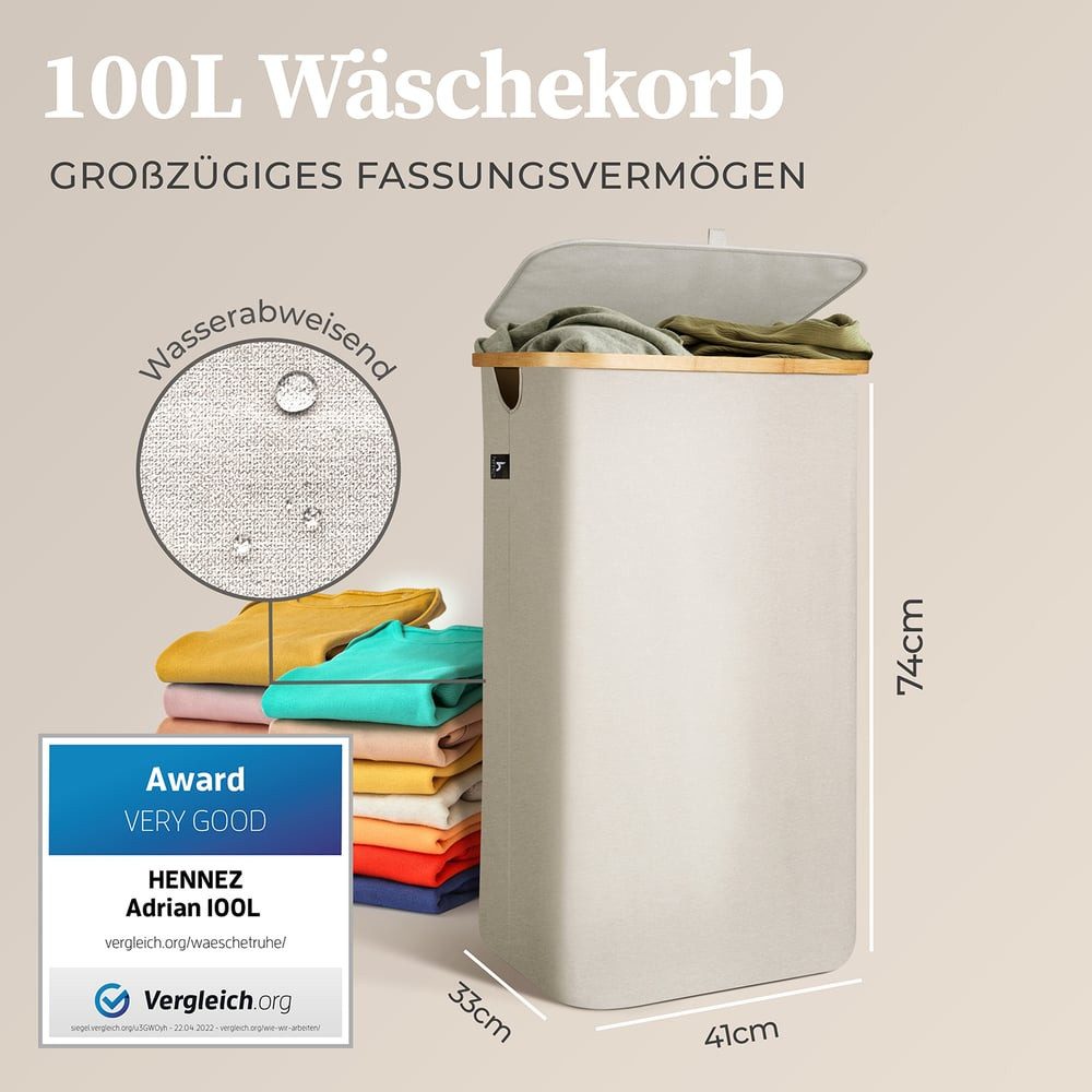 HENNEZ Wäschekorb mit Griff aus Bambus, 100 l – Wäschekorb mit Deckel, Dunkelgrau