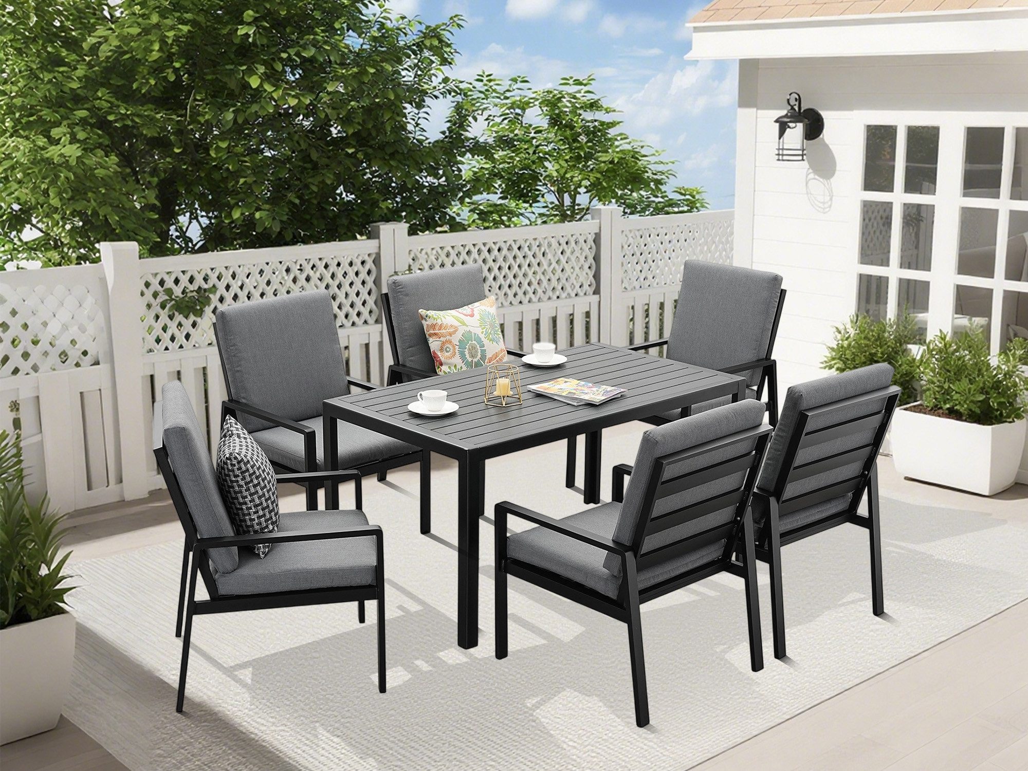 MeXo Gartenlounge-Set Garten Essgruppe für 6 Personen, (wetterfest Lounge Set, 7-tlg., 6 x Gartenstühle, 1 x Esstisch, mit 12 Auflagen), Aluminium Gartenmöbel Set, Polywood Tischplatte