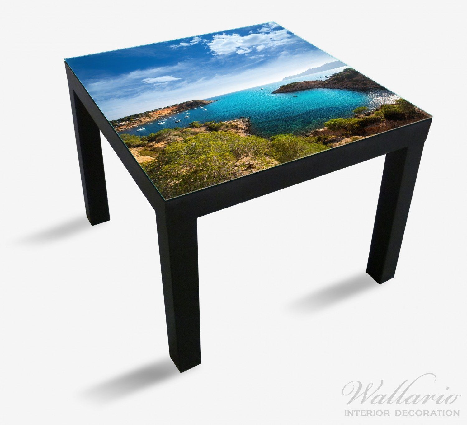 Tisch Meer geeignet St), Lack Wallario - Bucht Ibiza Tischplatte aufs (1 Ikea Blick für von einer