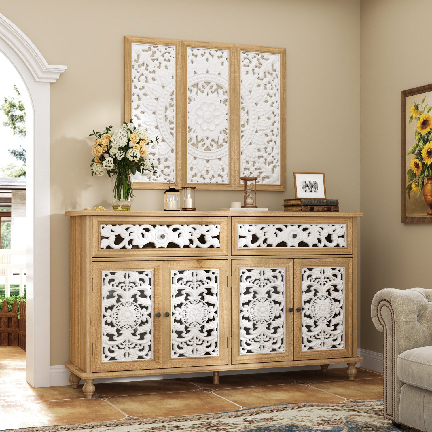 FUFU&GAGA Sideboard mit 4- Türen und 2- Schubladen, mit Zierholzrahmen, Holzoptik