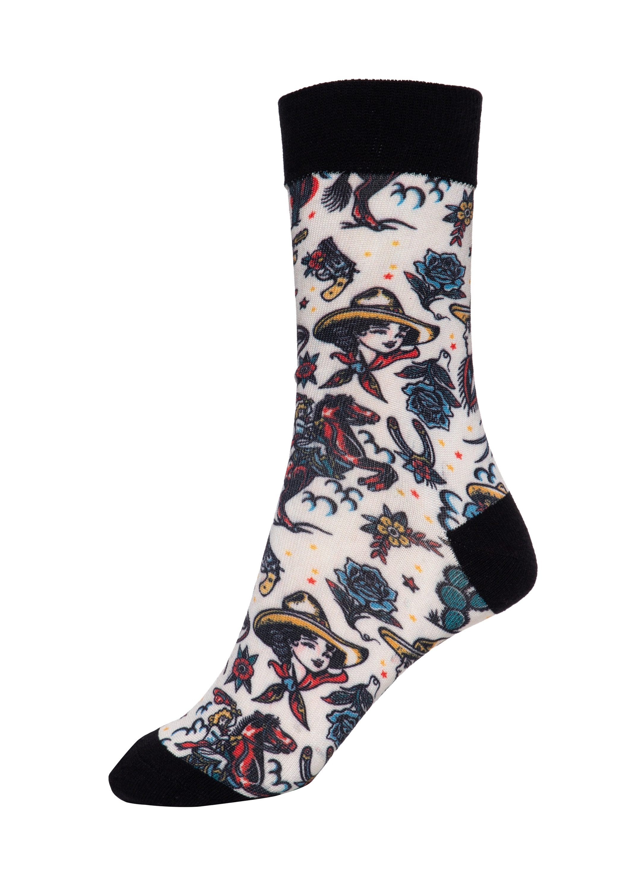 KingKerosin Socken Cowgirl mit Western Tattoo-Motiven