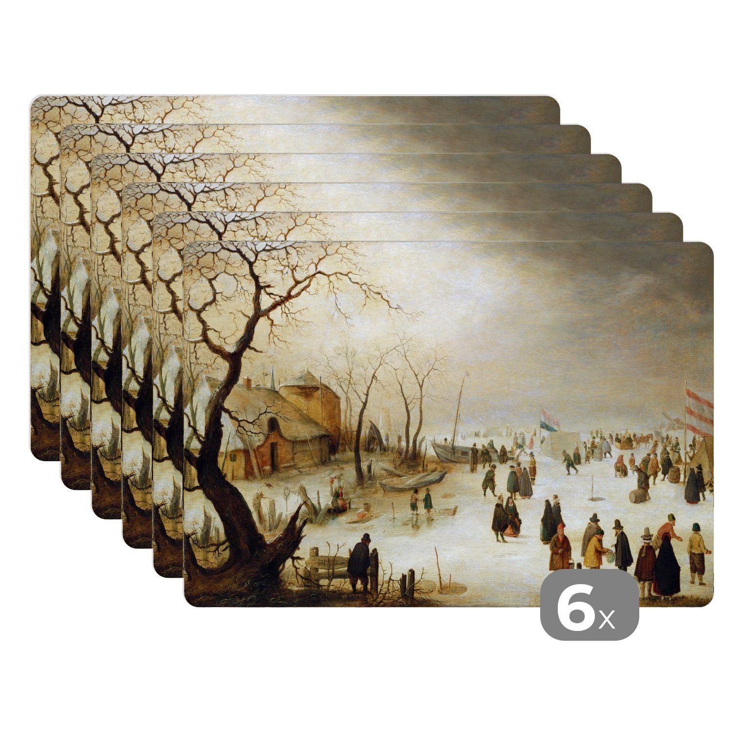 Platzset, Eine winterliche Flusslandschaft mit Figuren auf dem Eis - Gemälde von, MuchoWow, (6-St), Platzset, Platzdecken, Platzmatte, Tischmatten, Schmutzabweisend