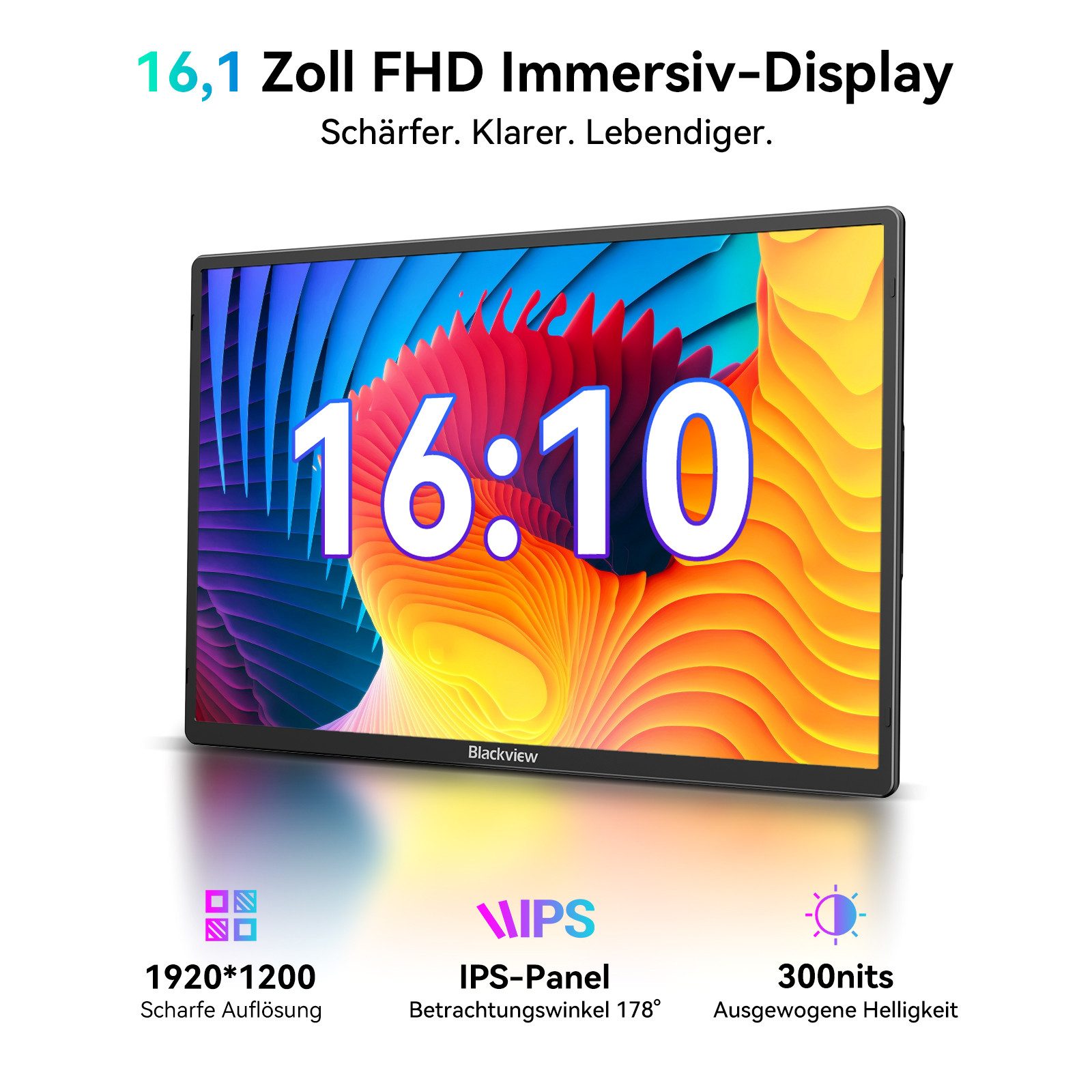 blackview 16 Zoll FHD Laptop Bildschirm Erweiterung Table 9, LCD, IPS, 1920×1200 Portabler Monitor (41 cm/16 ", 1920x1200 px, Full HD, IPS, 360°, Gaming Monitor, Kompatibel mit Windows/Mac/Android/ChromeOS)