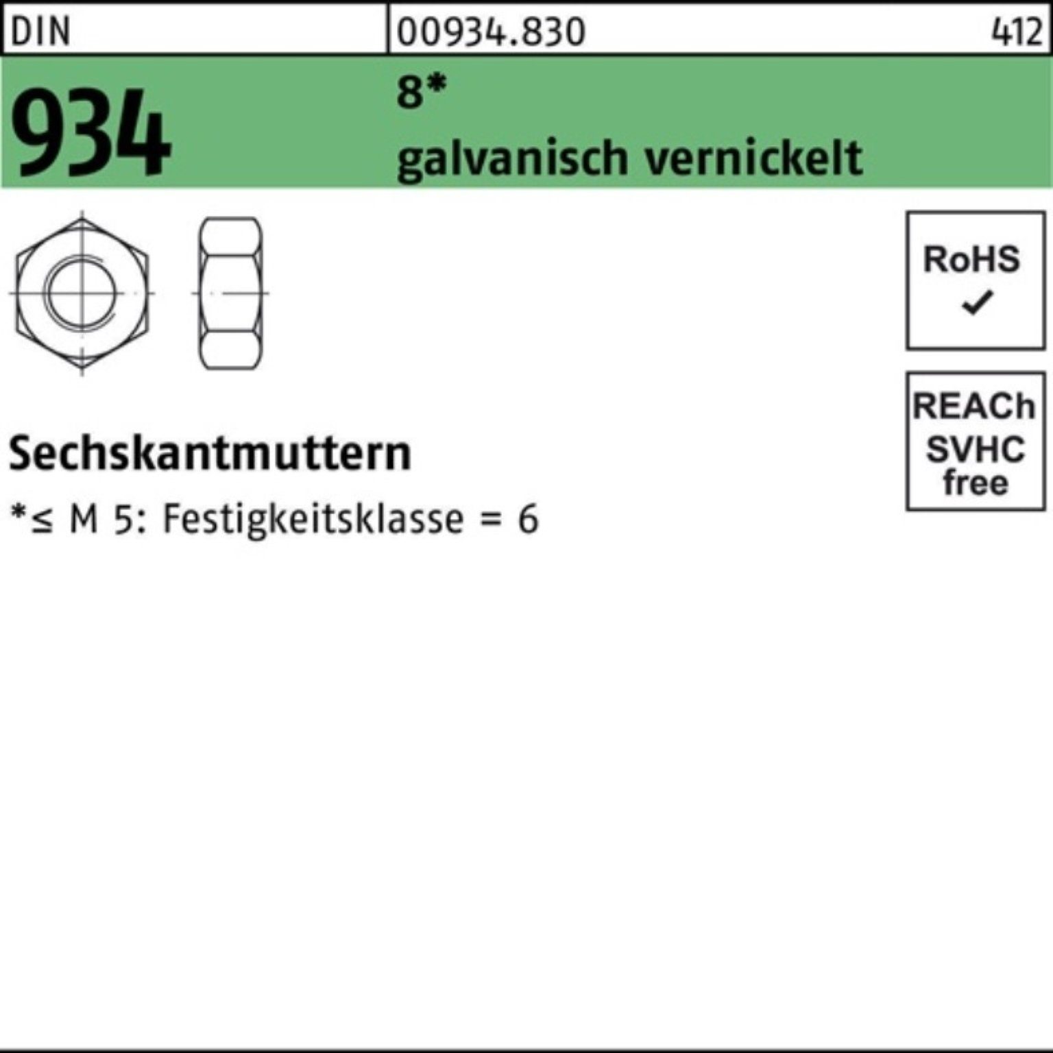 Muttern 8 1000 Reyher Sechskantmutter Pack vernickelt DIN 1000er Stück M8 934 galv.