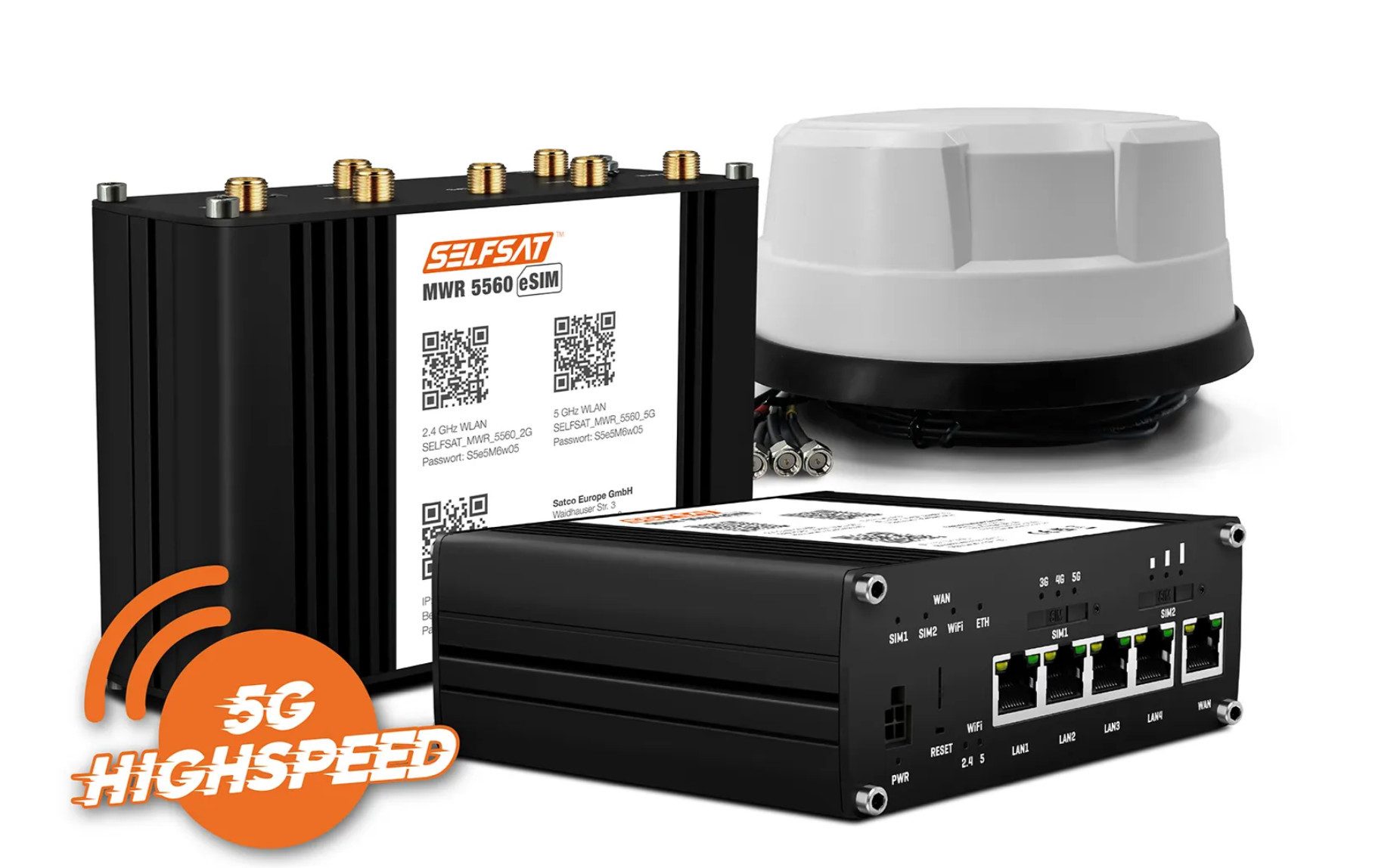 Selfsat MWR 5560 eSIM 5G Cat 20 WLAN Router bis 3,4 Gbps Panorama Antenne Mobilfunkantenne