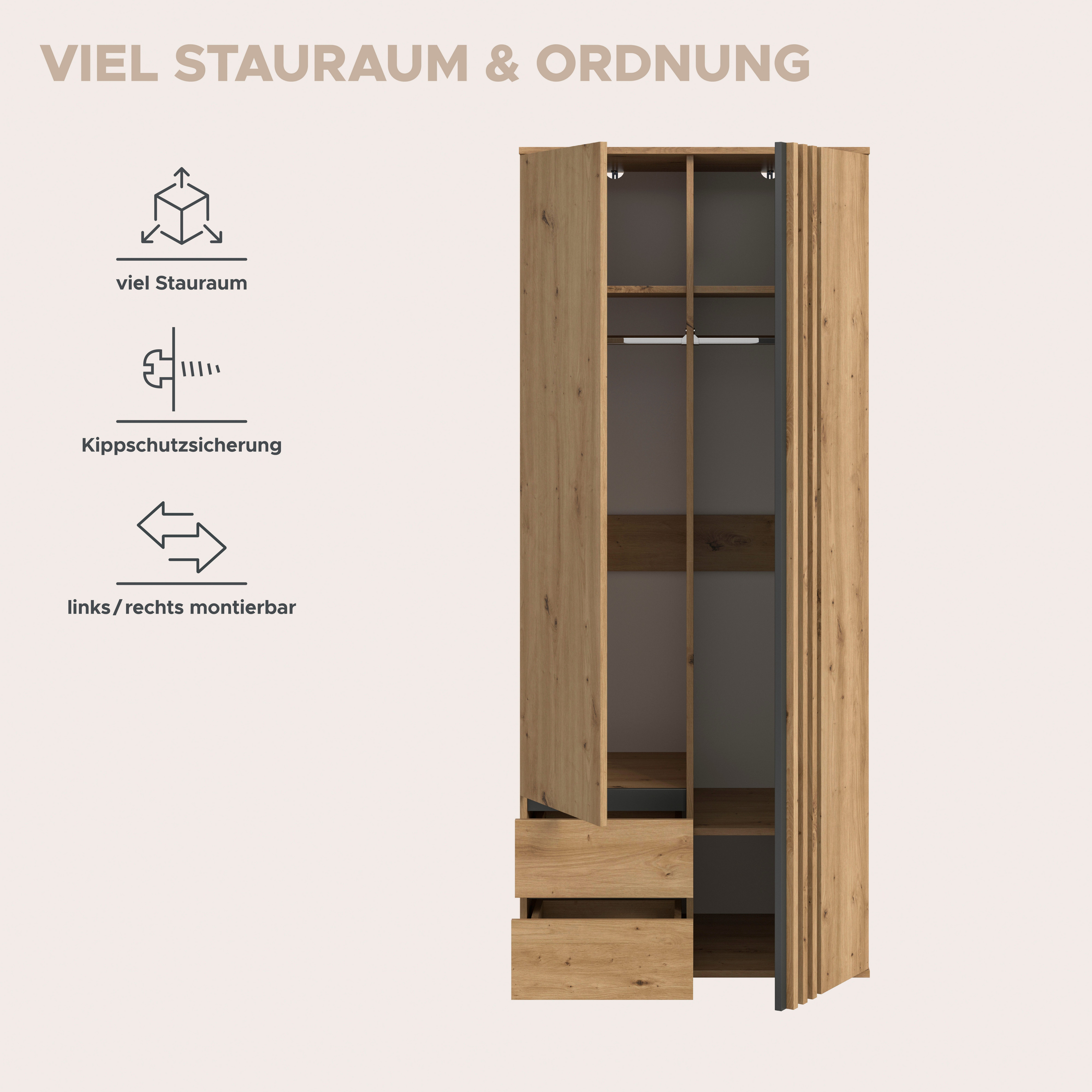 Home affaire Kleiderschrank ALVA, Breite 80 cm, mit griffloser Front in Paneeloptik, Schrank (Schlafzimmerschrank in weiteren Ausführungen erhältlich) 2 Türen, 2 Schubkästen, 2 Kleiderstangen, 4 Einlegeböden