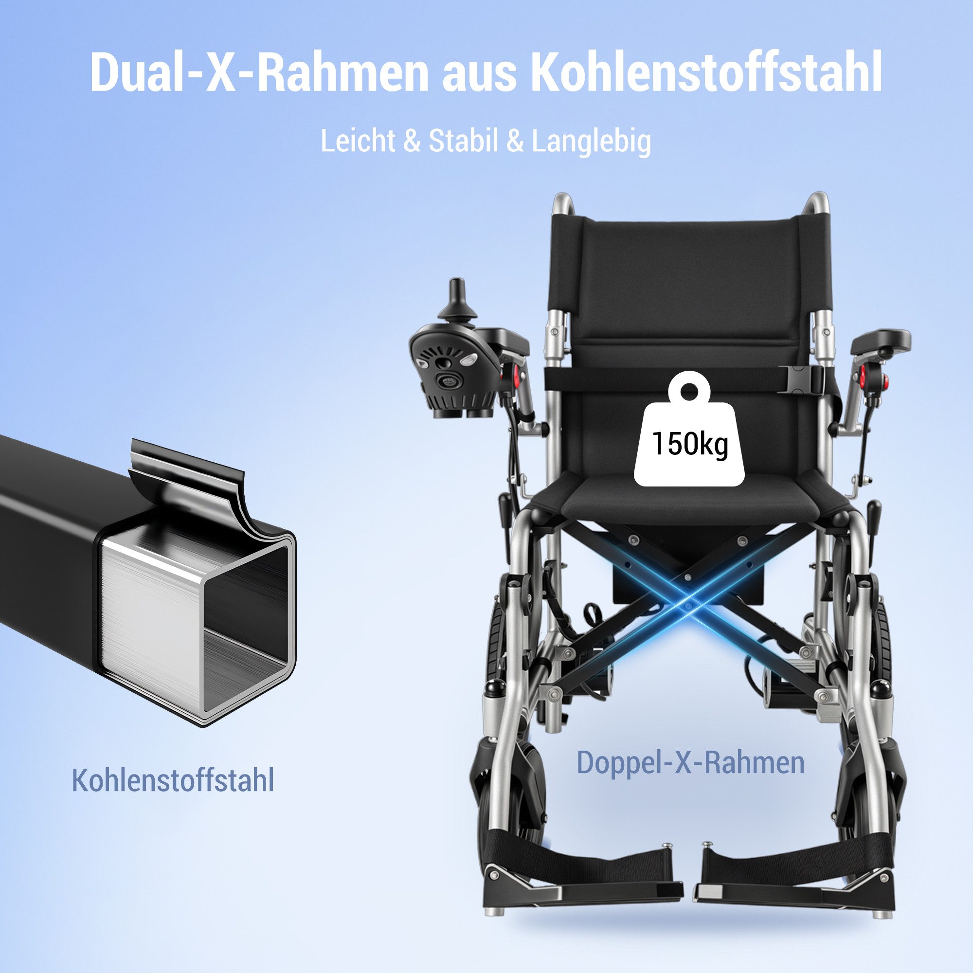 Vankel Elektrorollstuhl klappbar leicht elektr Rollstuhl 500W max.150 kg Sitzbebreitung 50cm, mit 360°-Joystick, 12° Steigfähigkeit & Anti-Kipp-Rädern