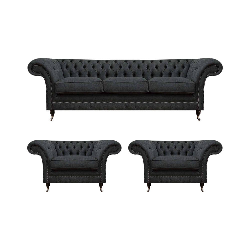 JVmoebel Chesterfield-Sofa Graues Sofa mit Bettfunktion und zwei passenden Sesseln aus Textil, Made in Europa