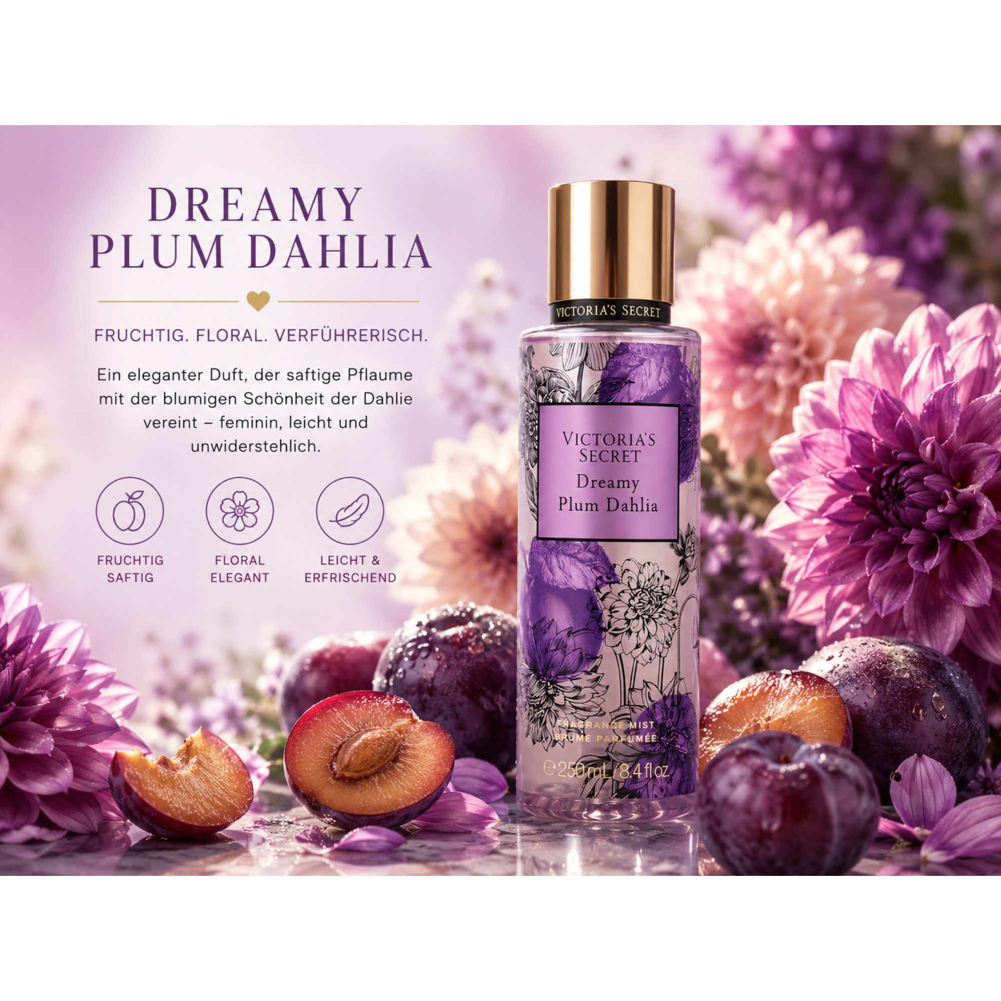Victorias Secret Duft-Set Dreamy Plum Dahlia Fragrance Mist Doppelpack 2 × 250 ml, Doppelpack mit fruchtig-floralem Duft und 500 ml Gesamtinhalt