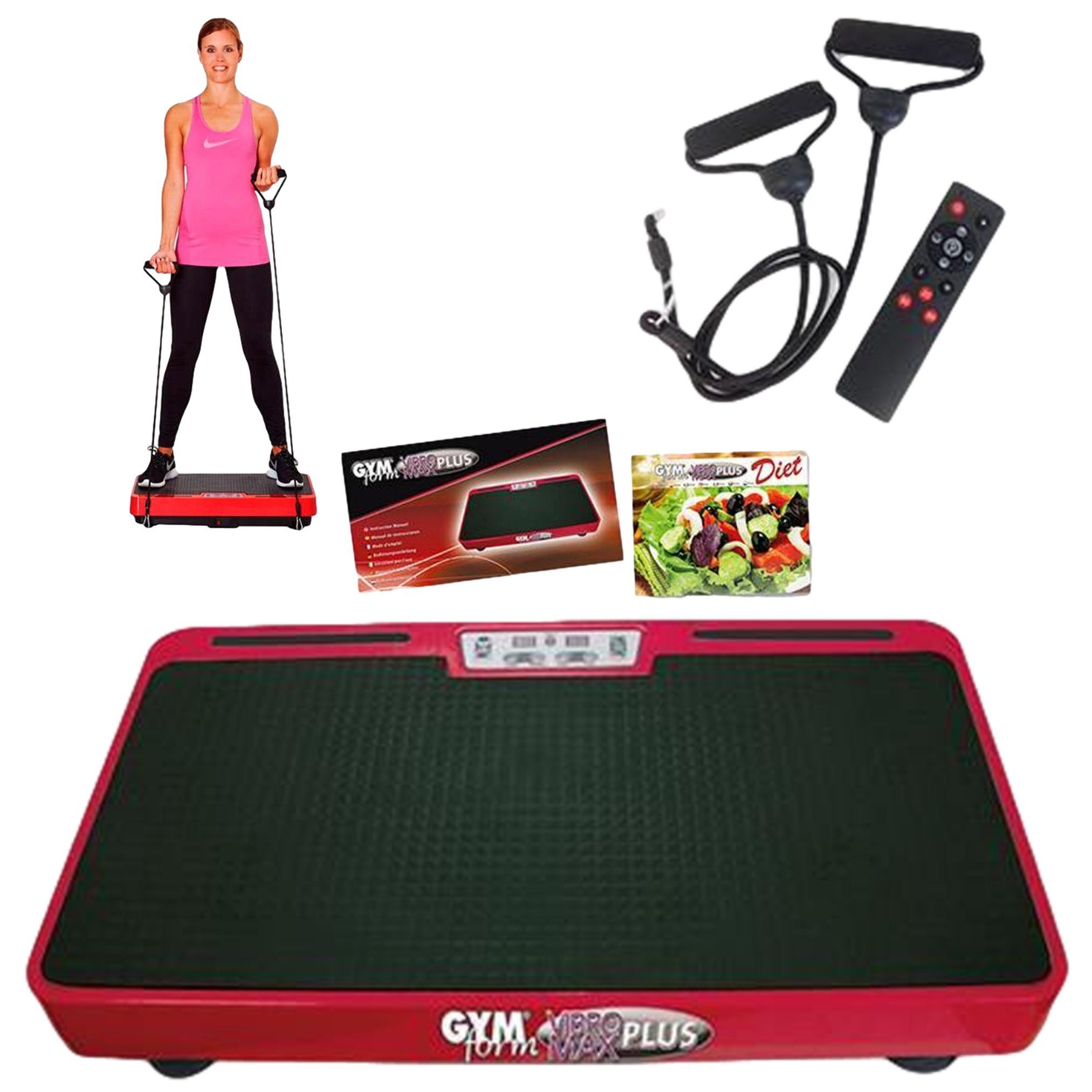 Gymform® Vibrationsplatte VibroMax Rot Trainingsplatte, inkl. und (4 99 Fernbedienung Widerstandsbänder Programme, 10 W, Plus 200,00 tlg), Intensitätsstufen