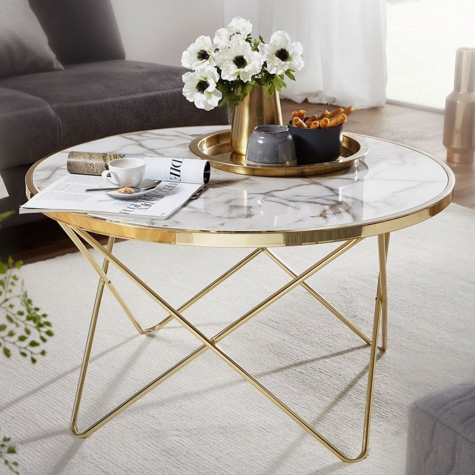 FINEBUY Couchtisch FB53053 (Marmor Optik Weiß Rund Ø85 cm Gold  Metallgestell), Großer Wohnzimmertisch, Beistelltisch Modern