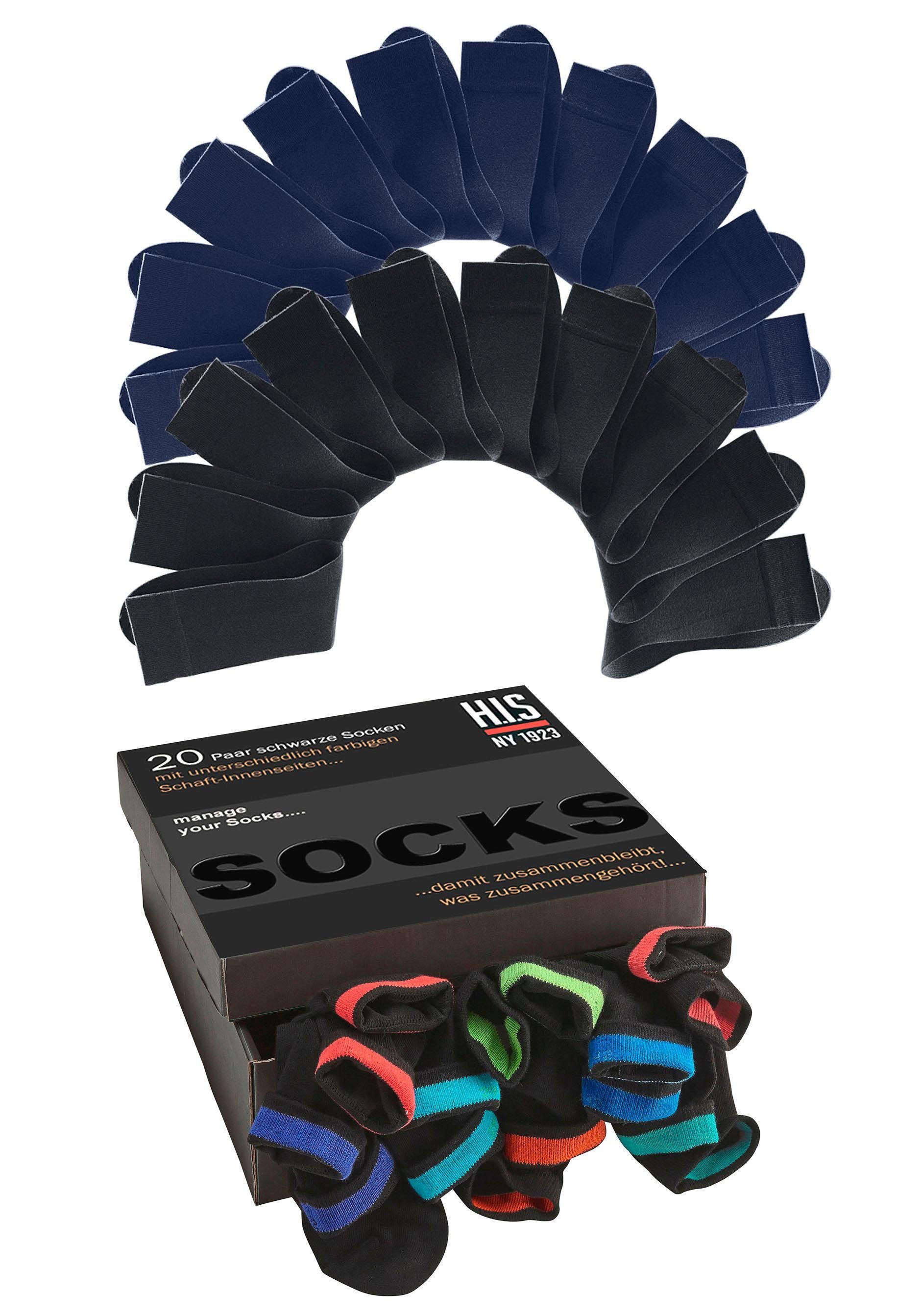H.I.S Socken für Damen und Herren, perfekt zu sortieren mit farbigem Innenbündchen. (Box, 20-Paar) in praktischer Geschenkbox, für Beruf und Freizeit