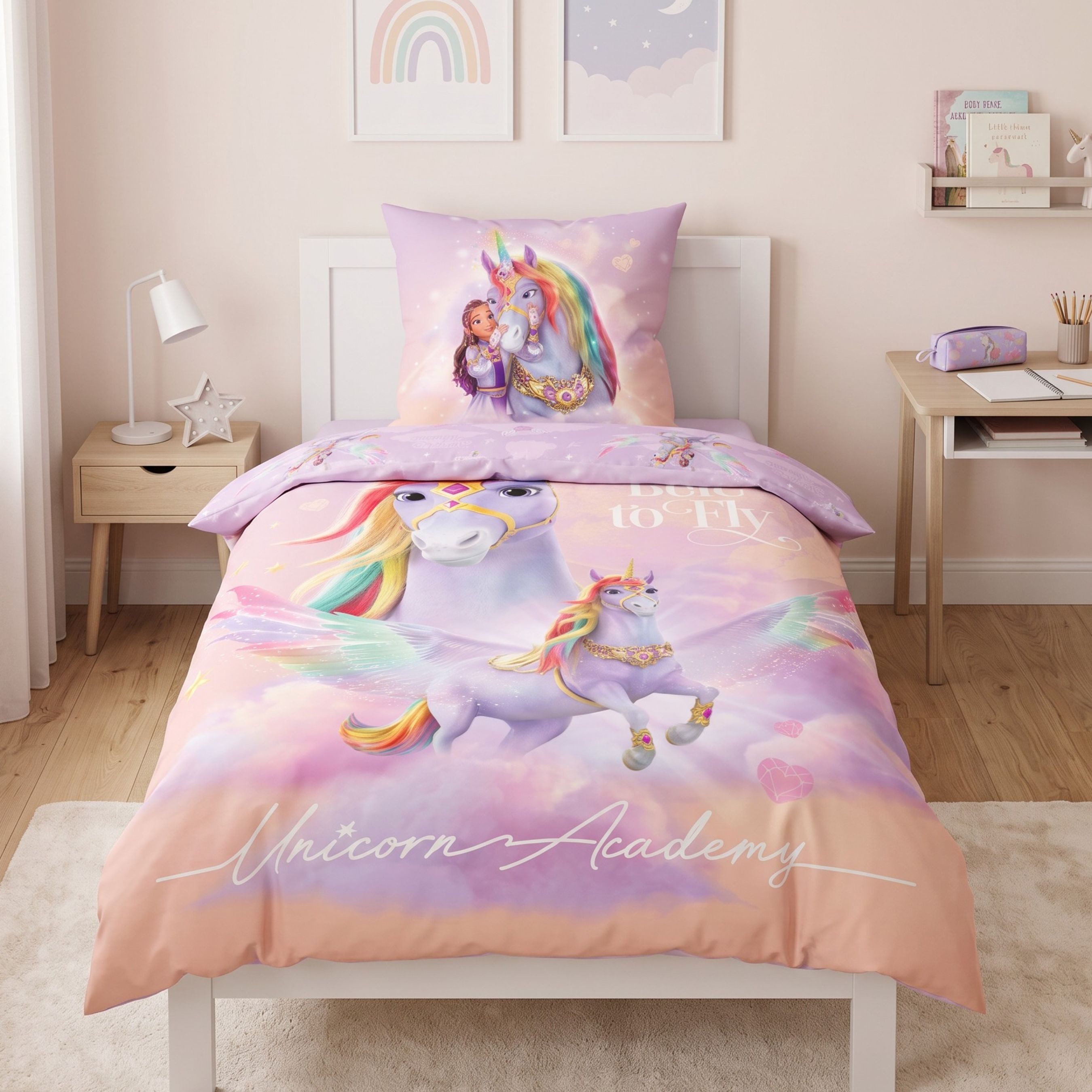 MTOnlinehandel Bettwäsche Unicorn Academy 135x200 cm Sophia & Wildstar, Mikrofaser, 2 teilig, Pastellfarbene Kinderbettwäsche mit Wendeseite für Mädchen