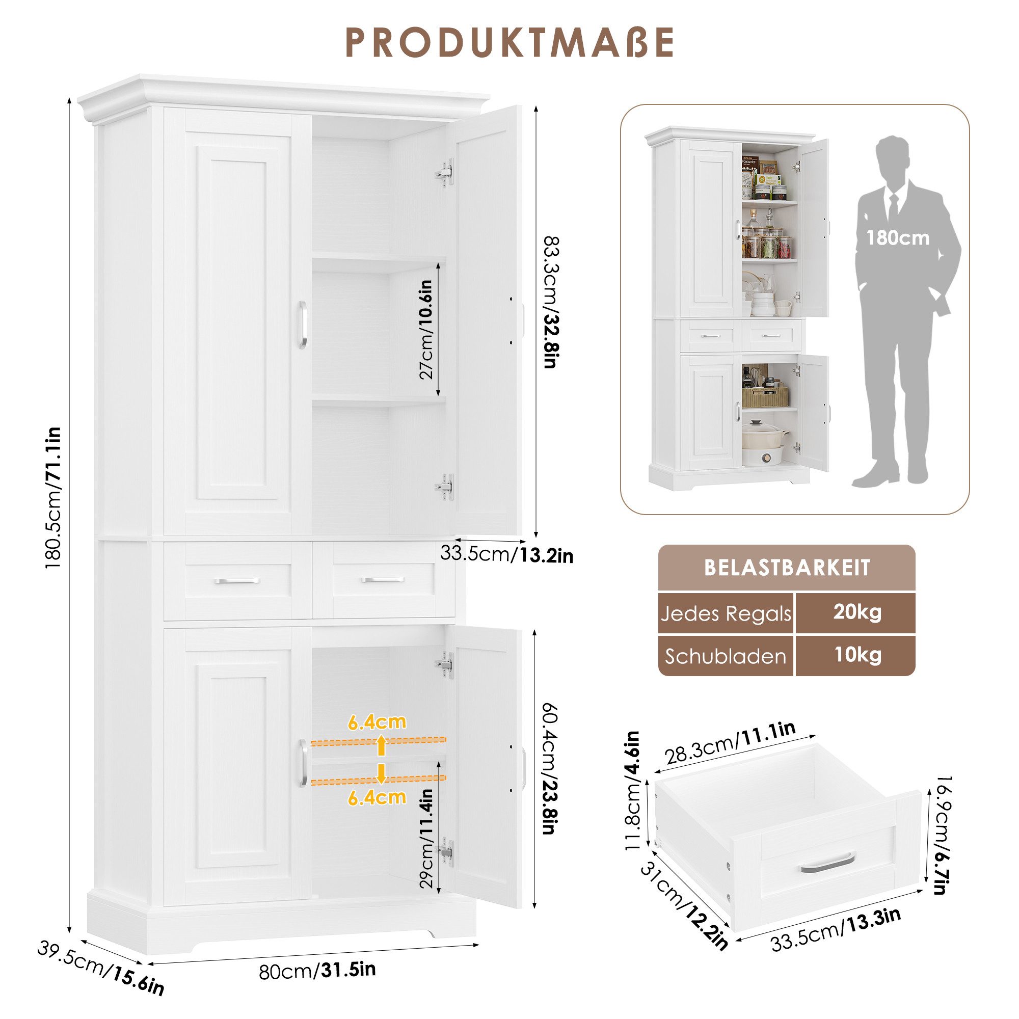 Homfa Küchenbuffet Küchenbuffet Küchenschrank mit 2 Schubladen Buffetschrank Vorratsschrank Mehrzweckschrank 180,5x80x39,5cm