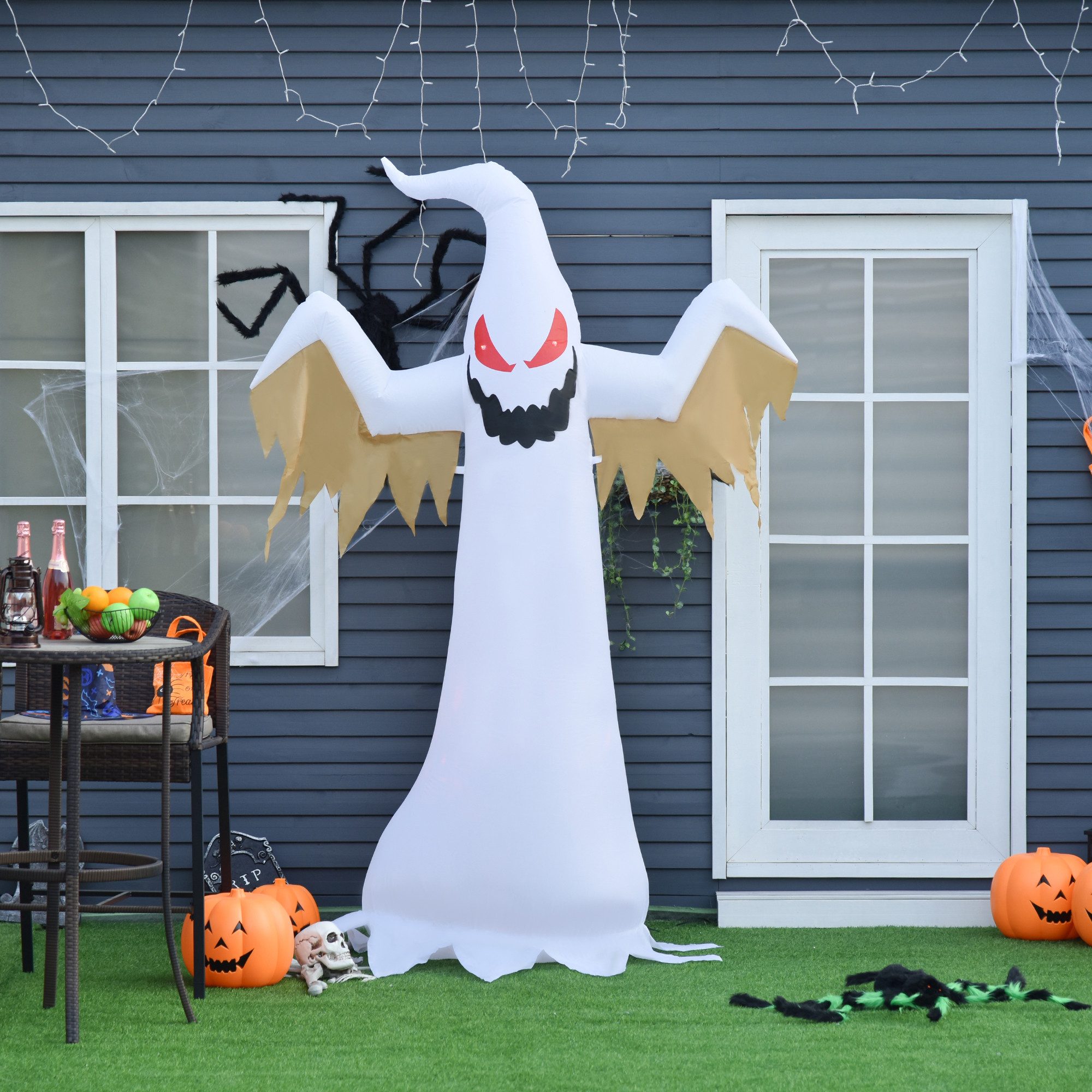 HOMCOM LED-Dekofigur aufblasbares Gespenst mit LEDs (Halloweendeko, 1 St., Aufblasbare Halloweendekoration), Polyester Weiß+Rot 150 x 80 x 240 cm