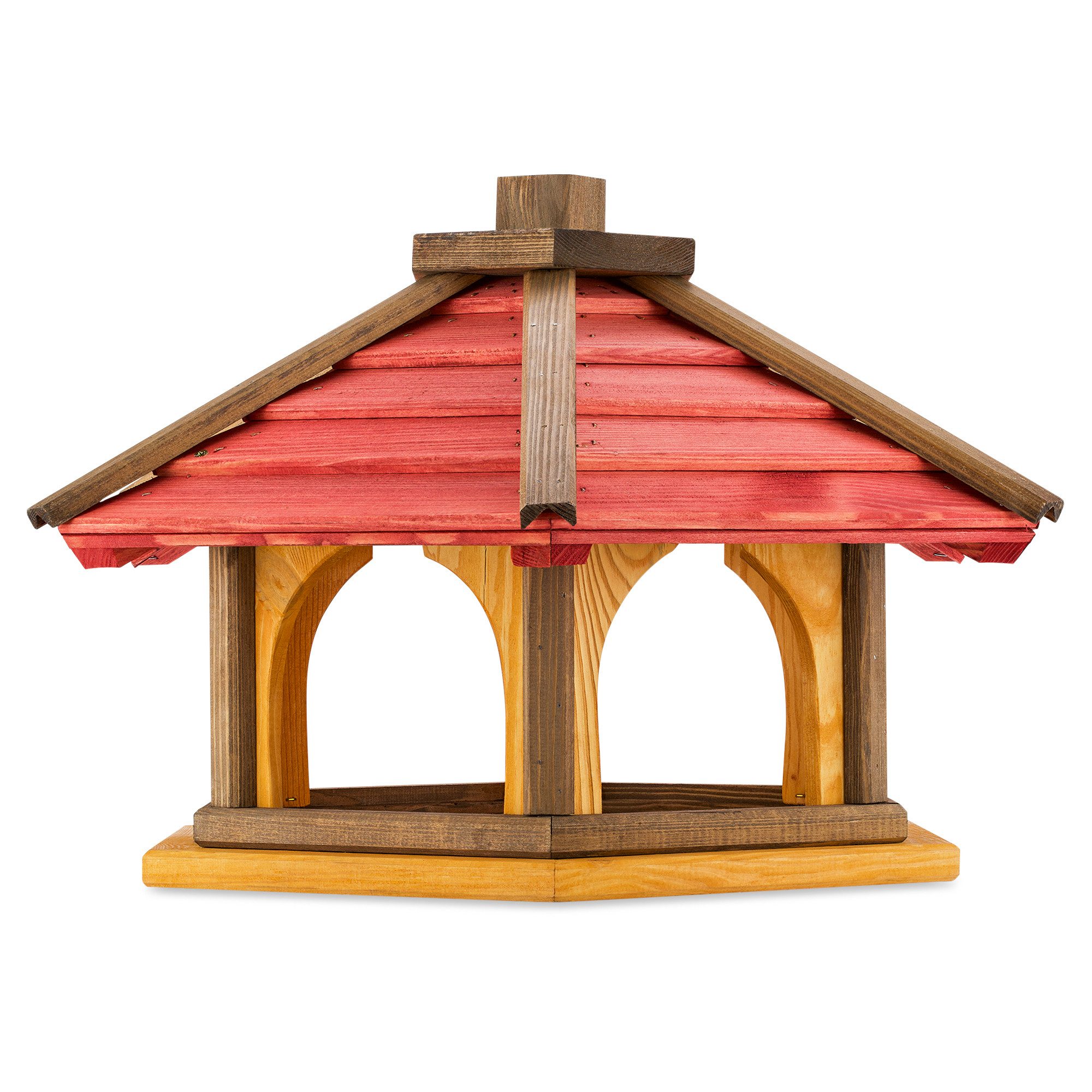 MAZUR Futterstation für Wildvögel aus Holz, wetterfest, 56x44x37 cm, zum Aufstellen, komplett montiert & sofort einsatzbereit, handgefertigt mit rotbraunem Dach