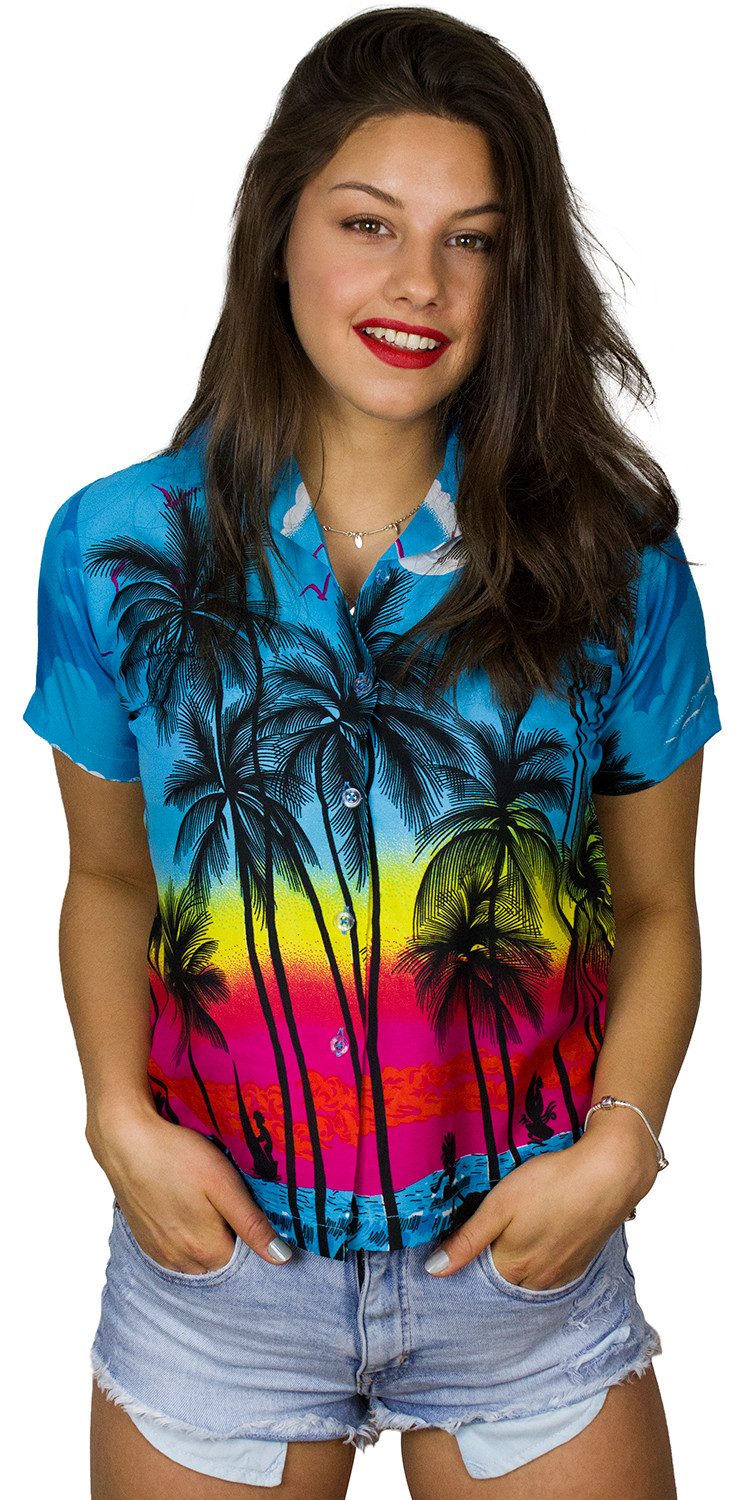 King Kameha Hawaiihemd Beach Funky Hawaiibluse Damen Kurzarm Front-Tasche Stylish