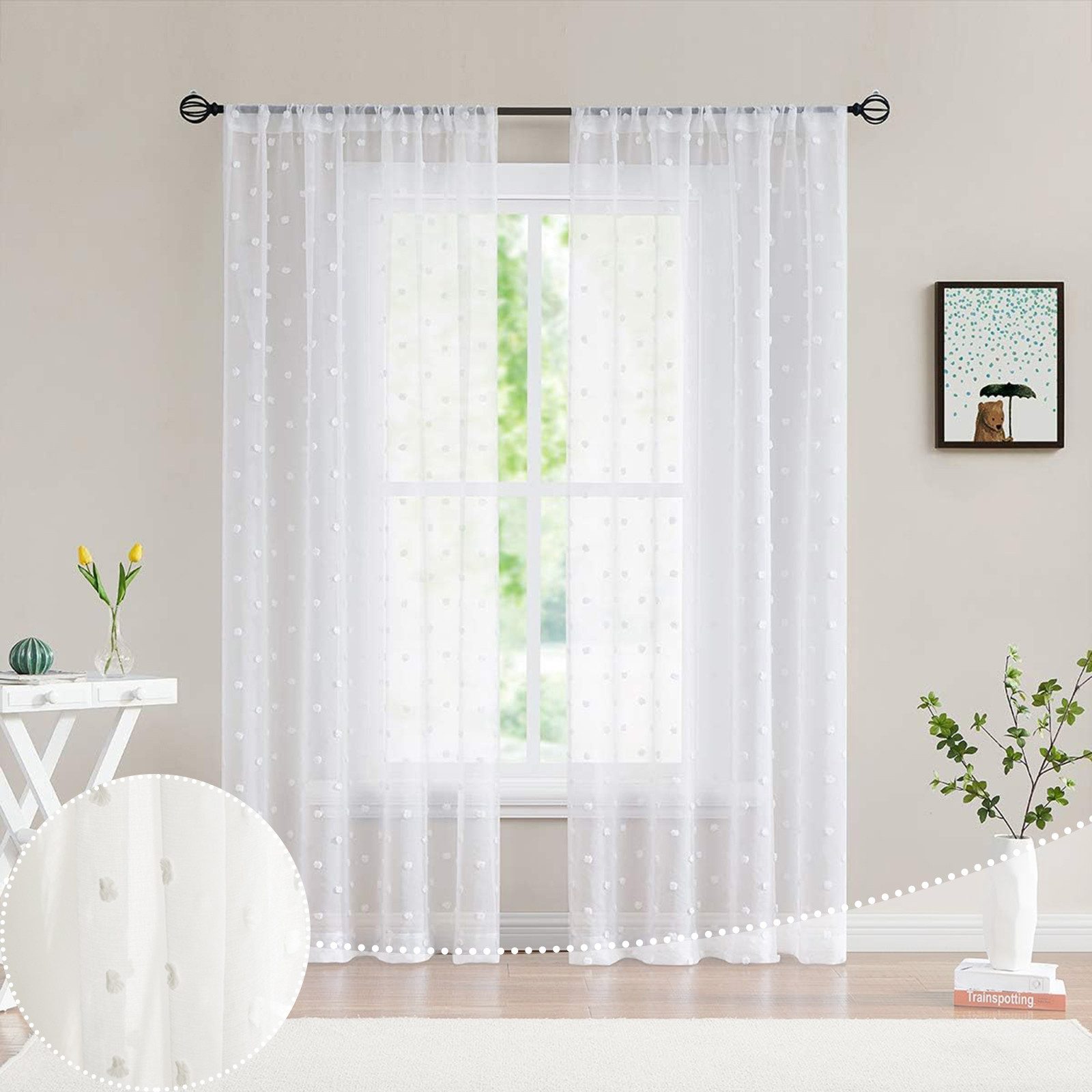 Jibenhome Scheibengardine Voile Gardine Weiß Pom-Pom günstig online kaufen