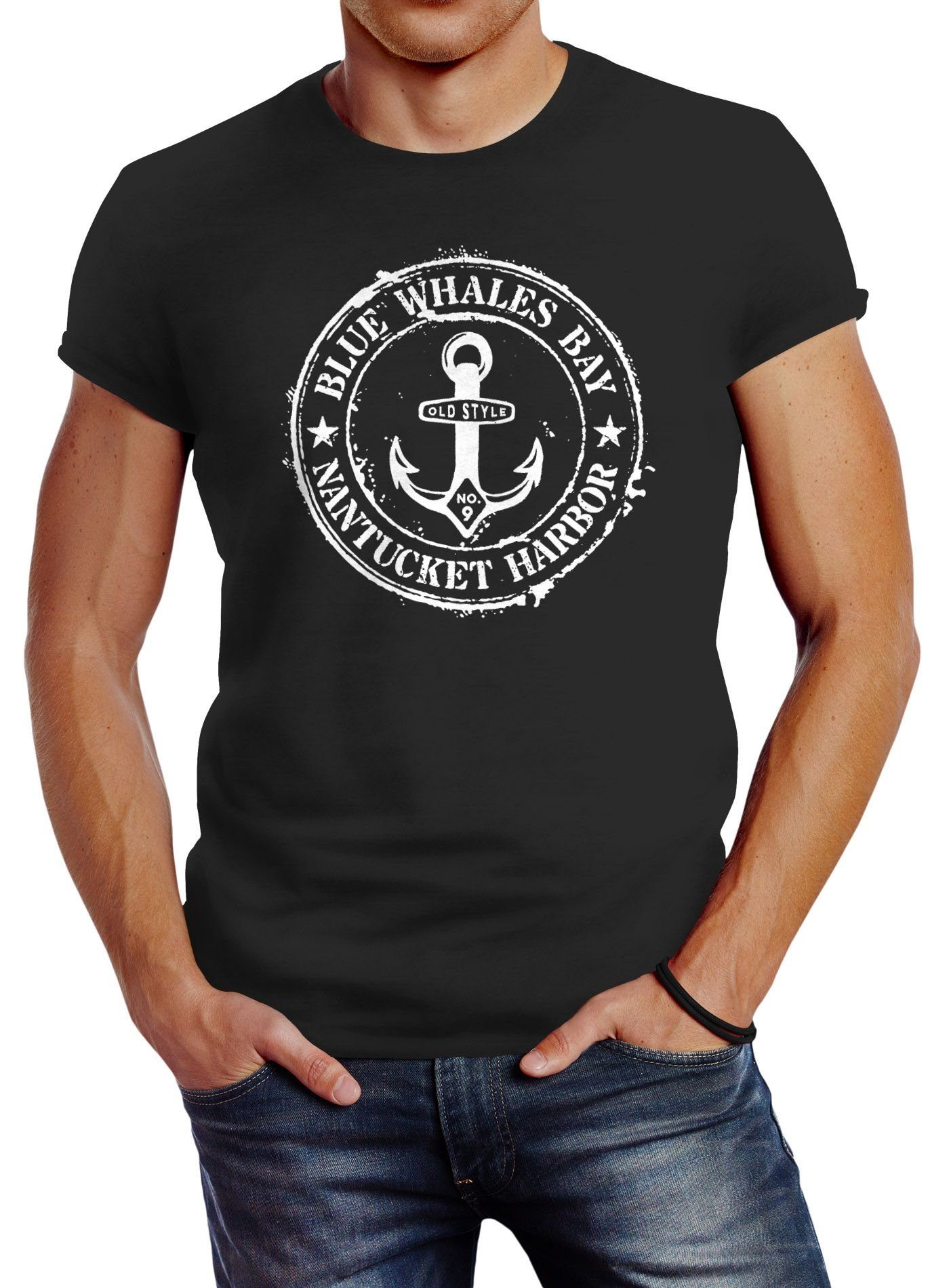Neverless Print-Shirt Herren Neverless® Print mit Print T-Shirt Anker Badge maritim Retro schwarz Motiv Vintage Anchor