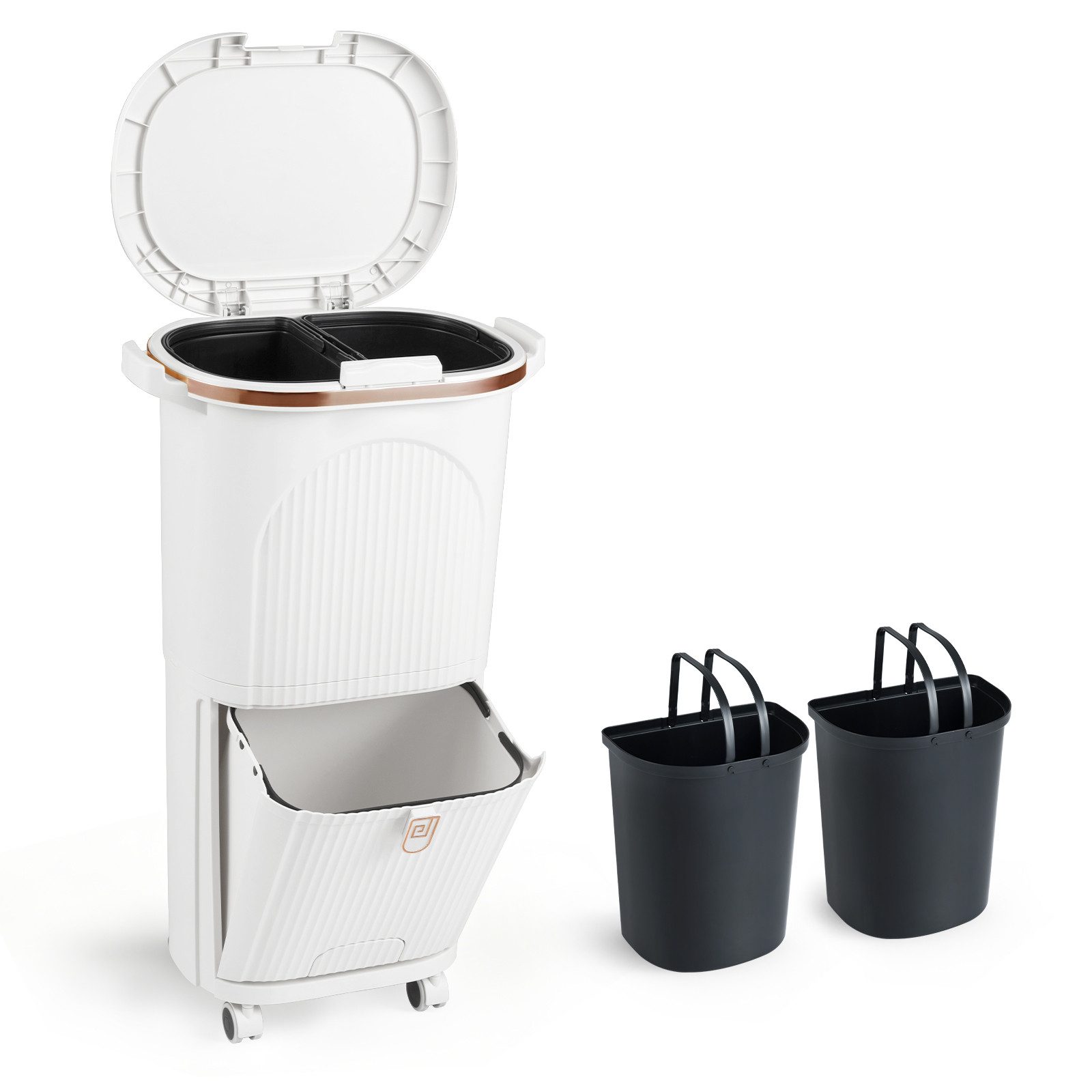 COSTWAY Mülleimer, Küche 3 Fächer Mülltrennsystem mit Rollen Tretmülleimer 38L