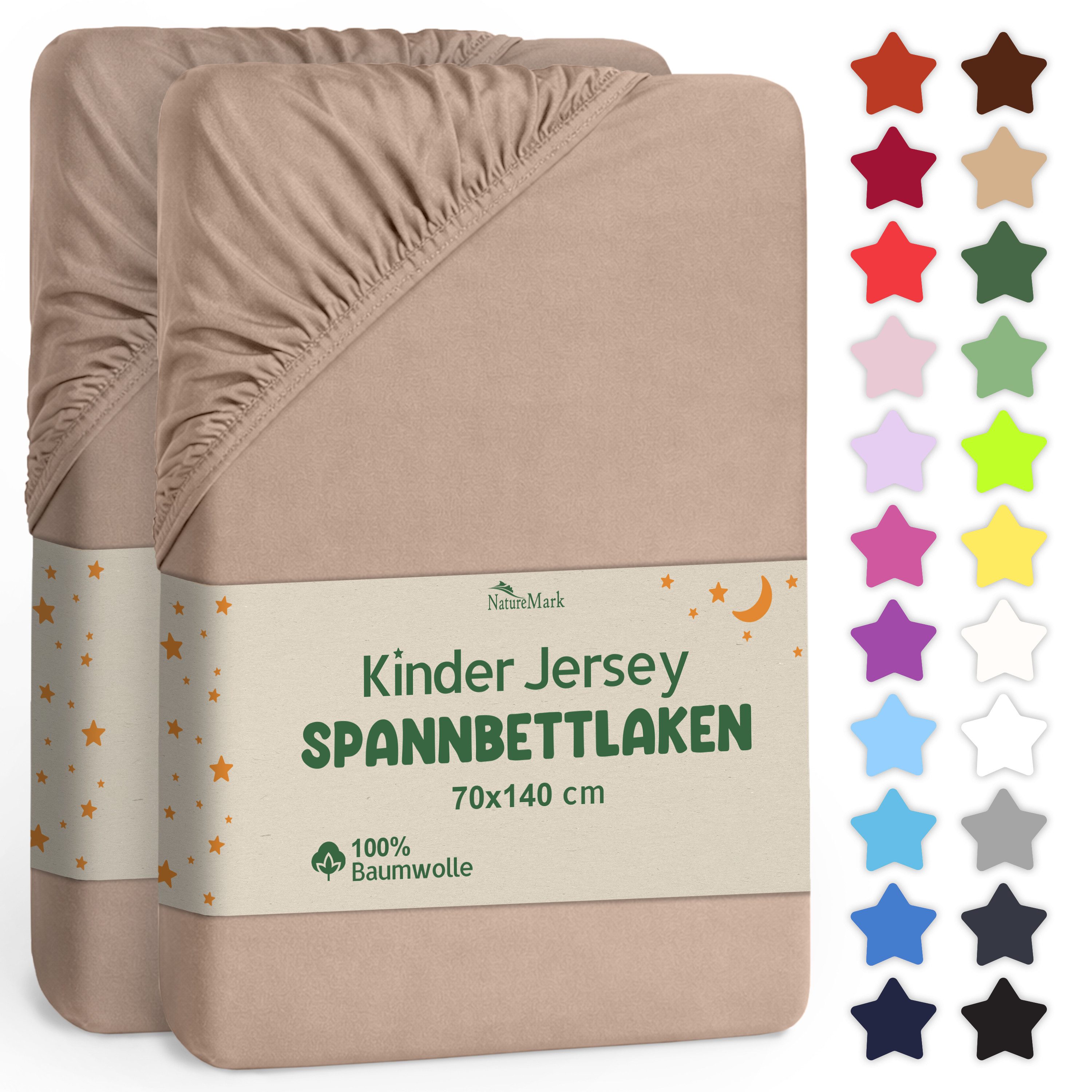 NatureMark Spannbettlaken Jersey Spannbetttuch, 100% Baumwolle, Gummizug: rundum, (2 Stück), Kinder Spannbetttuch, für Baby-/Kinderbett, 70x140 cm, Sand