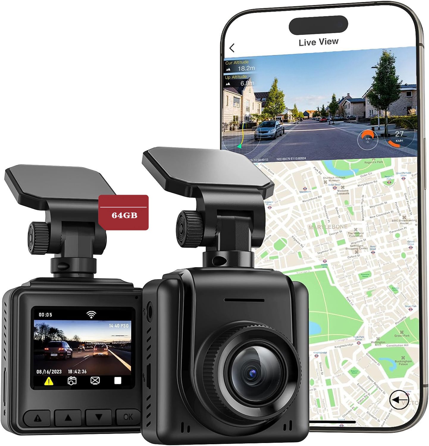COOAU Dashcam Auto Vorne 1.5" IPS-Bildschirm mit GPS, WiFi, Auto kamera Dashcam (1440P HD, WLAN (Wi-Fi), 24 Std. Parkmodus, G-Sensor, Wi-Fi, Loop Video, 64 GB TF Karte, 1,5-Zoll-IPS-Bildschirm, Zeitraffer-Videoaufzeichnungsmodus)