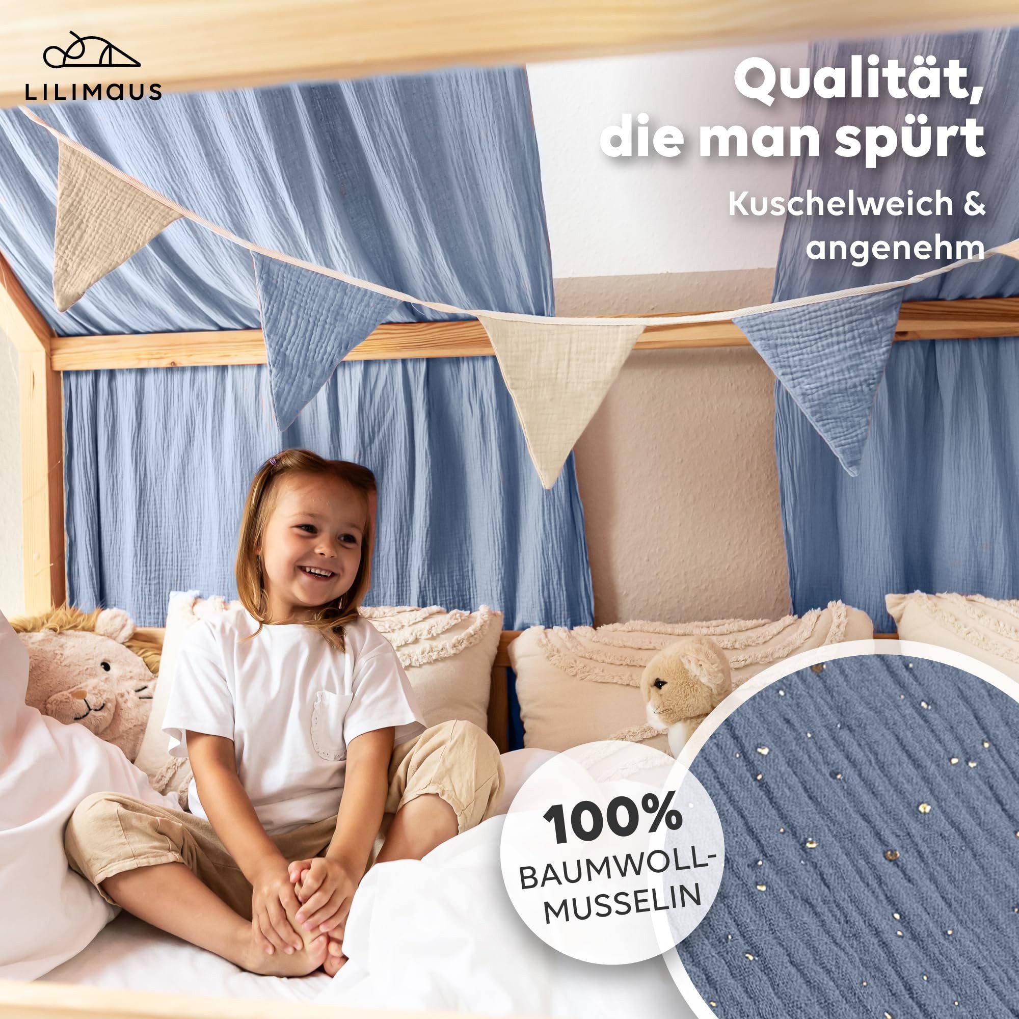 lilimaus Betthimmel Hausbett Himmel Gold aus 100% Musselin Baumwolle - 12 Farben (1-tlg), Musselin Hausbett Himmel mit Goldsternen, handgenäht