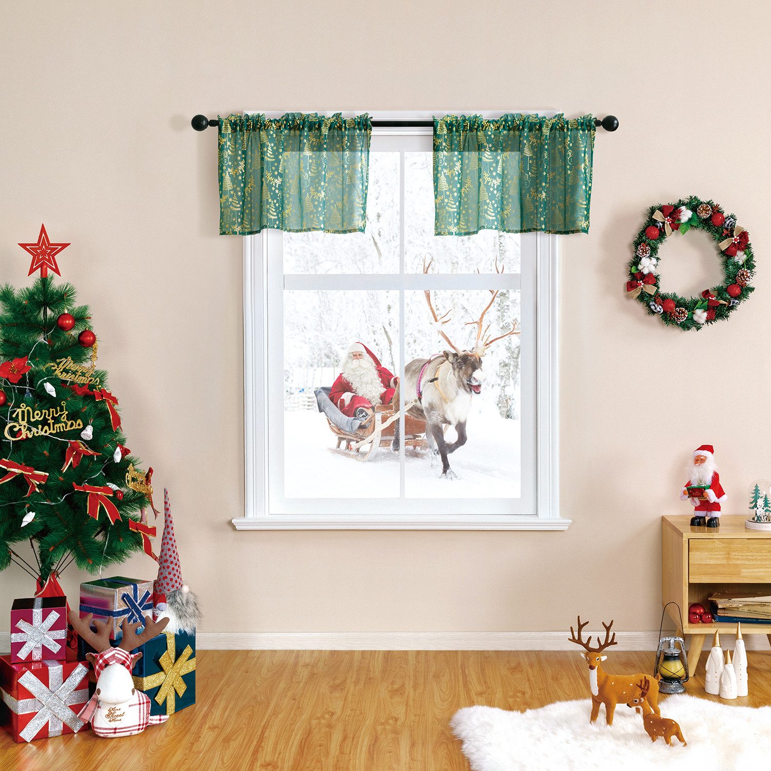 Jibenhome Gardine Kurzer Vorhang 2er-Set Weihnachtsvorhänge aus goldfarbener Folie, mit Stangentasche Gardinen für zu Hause,Partys,Hotels & Restaurants