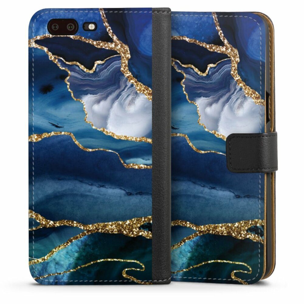 DeinDesign Handyhülle Blue Marble Gold Glitter Look, Hülle, Handy Flip Case, Wallet Cover, Handytasche Leder Marmor Blau Gold & Kupfer