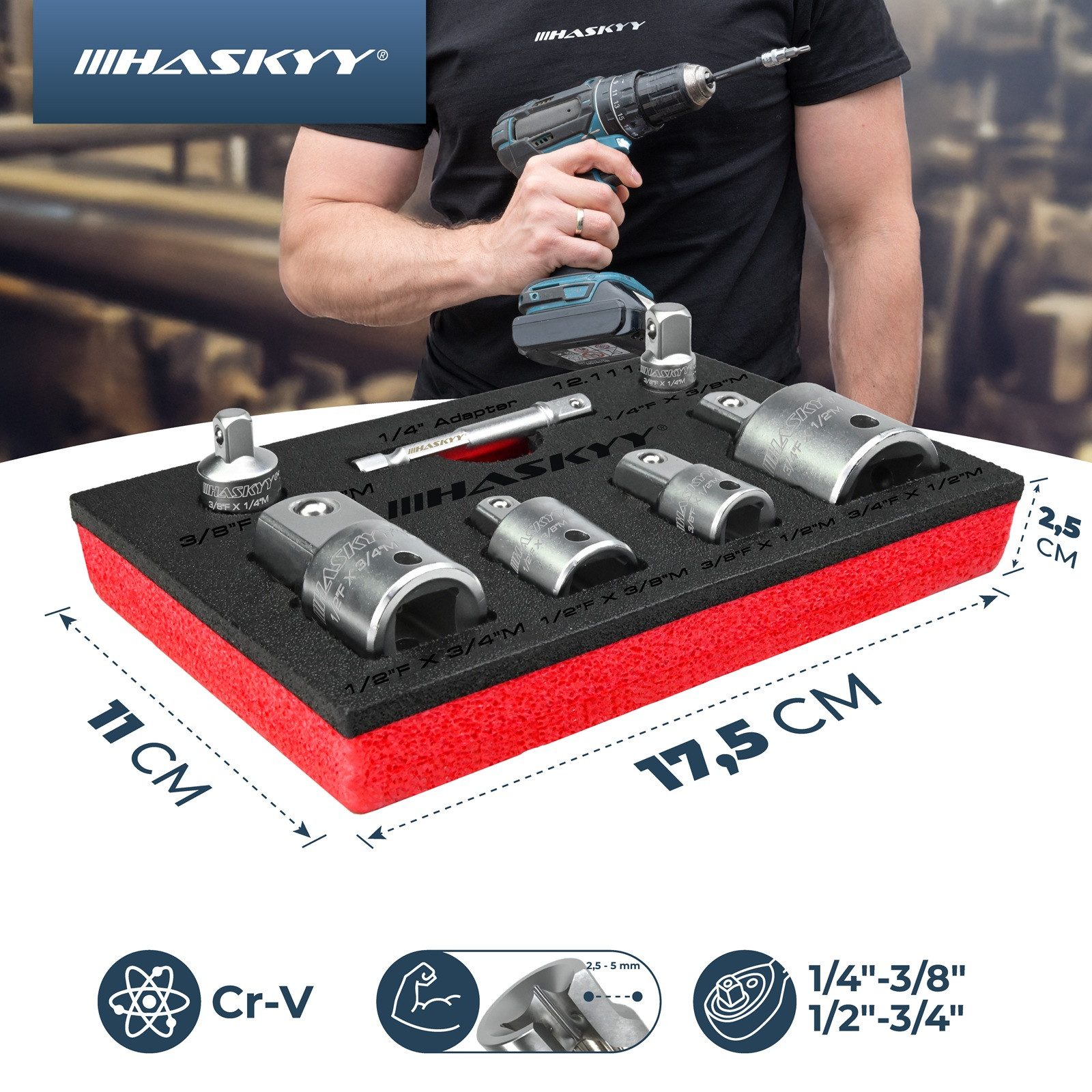 HASKYY Stecknüsse Schlagschrauber Stecknuss Adapter Set 1/4" 3/8" 1/2" 3/4" Steckschlüss