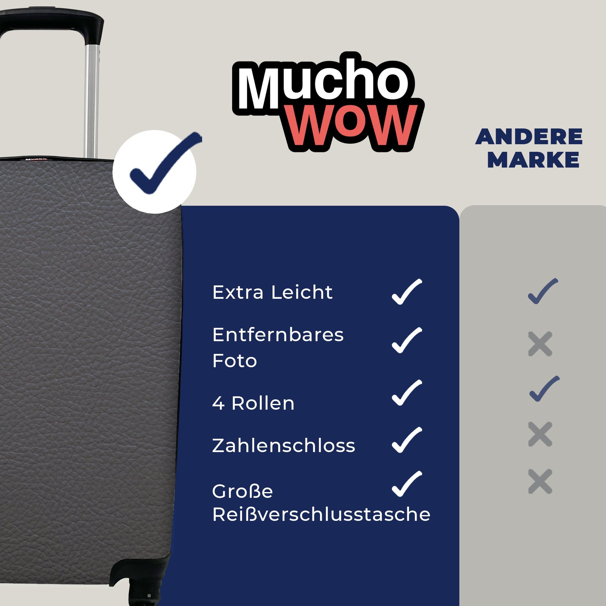 4 Trolley, Ferien, - - Leder-Optik MuchoWow - mit Reisetasche Reisekoffer Handgepäckkoffer für Handgepäck Rollen, Grau, rollen, Strukturiert Leder