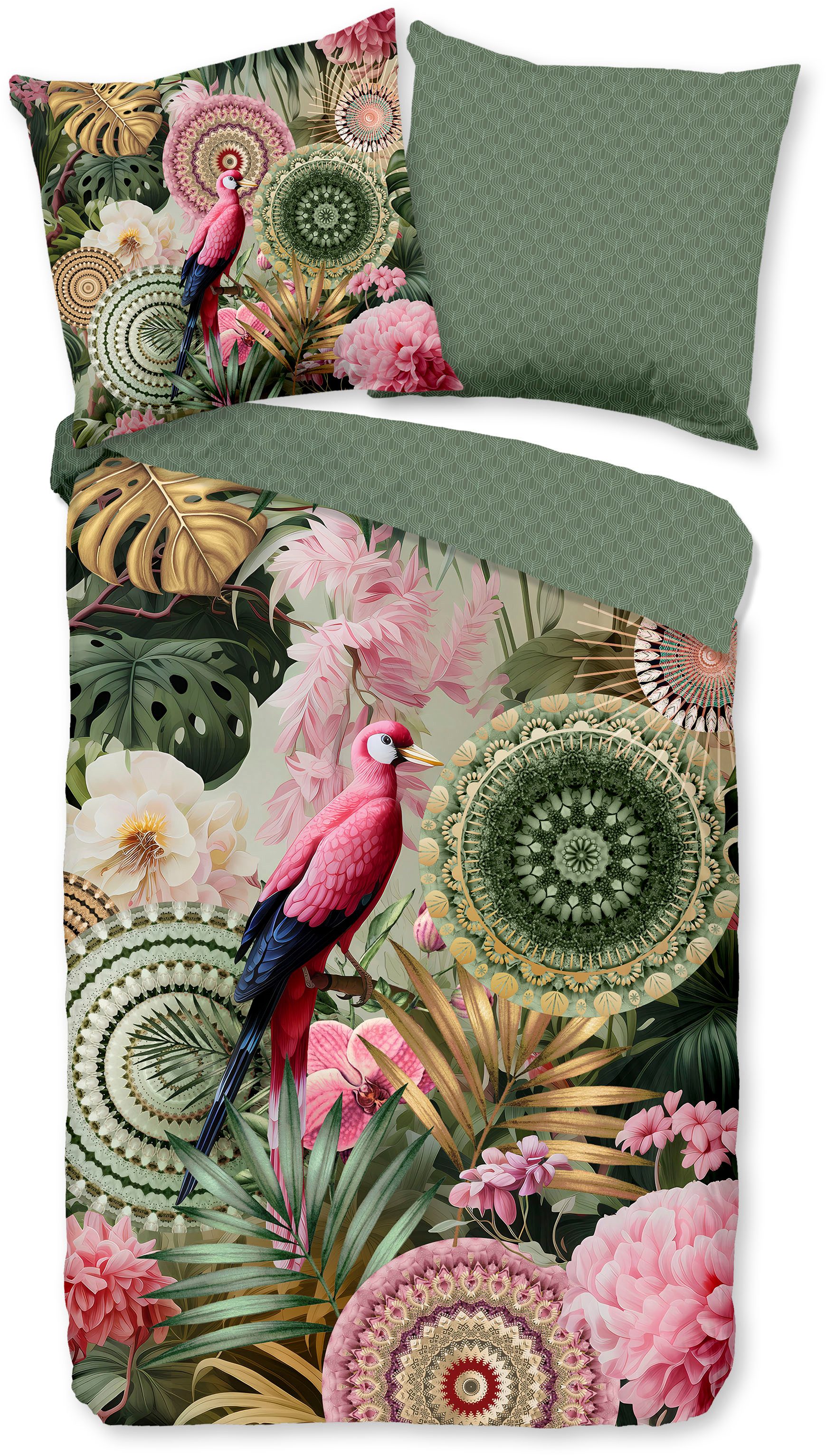 hip Wendebettwäsche Palay, Mako-Satin, Renforcé, Satin, 2 teilig, Satin, Reißverschluss, Wendeoptik, Mandala, Blätter, grün