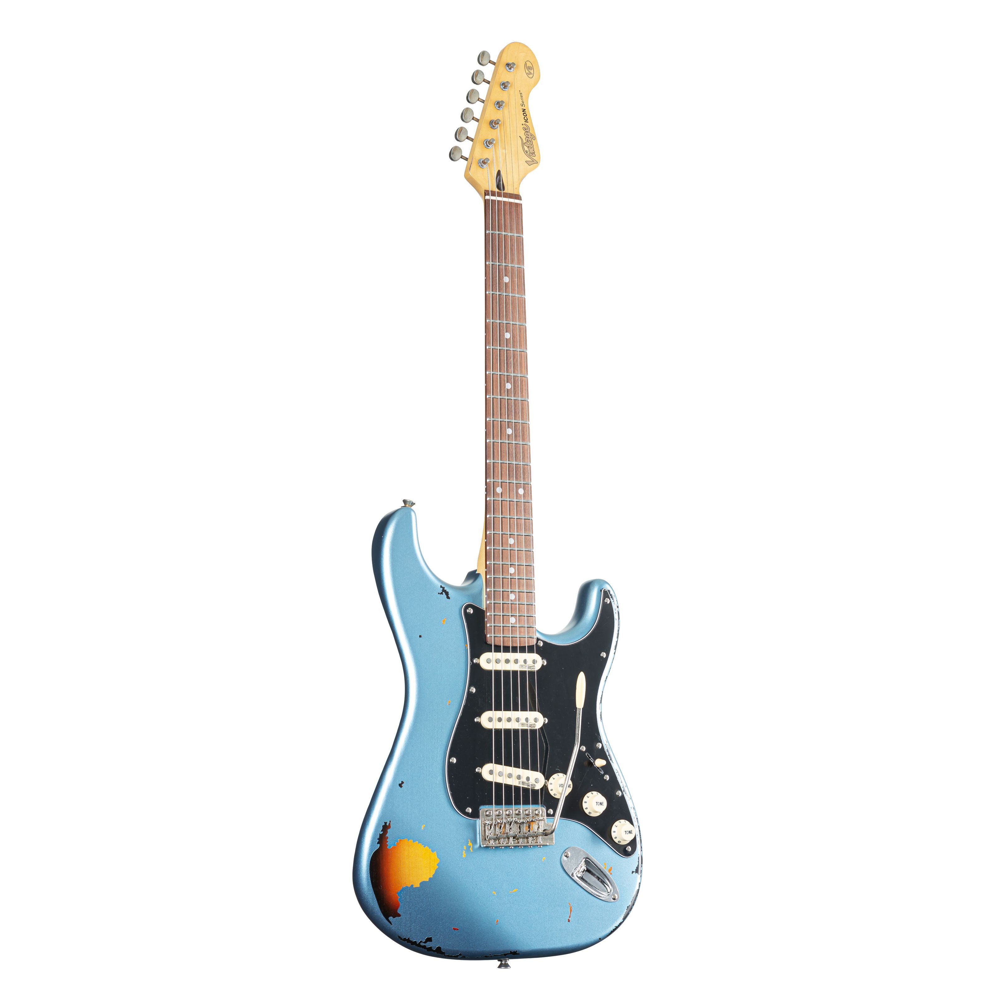 VINTAGE E-Gitarre, E-Gitarren, ST-Modelle, Icon V6MRGHB Distressed Gun Hill Blue over Sunburst - E-Gitarre