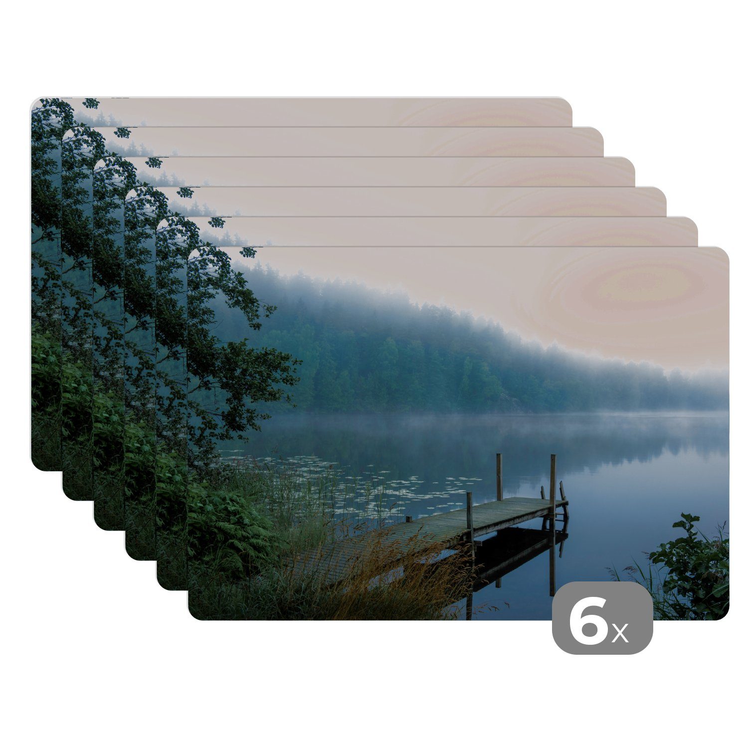 Platzset, Natur - See - Wald - Nebel, MuchoWow, (6-St), Platzset, Platzdecken, Platzmatte, Tischmatten, Schmutzabweisend