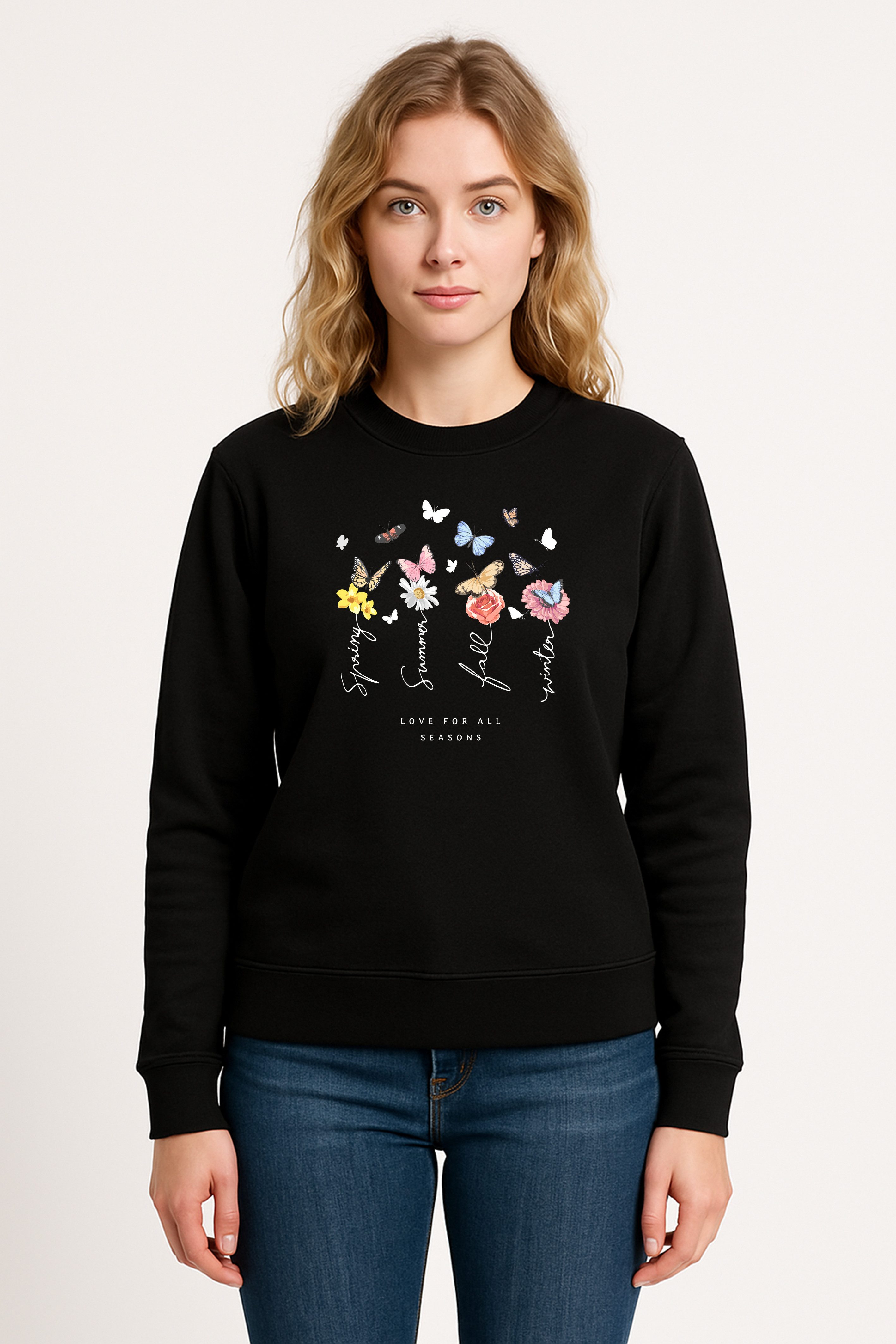 Banco Rundhalspullover Schmettertling Blumen Damen Pulli günstig online kaufen