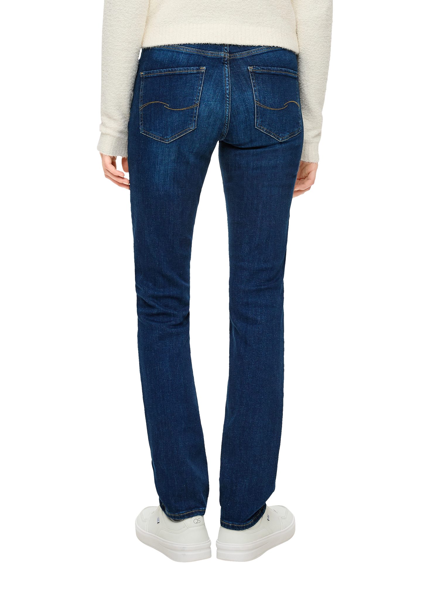 Jeans Kontrastnähte, QS Waschung, mit Destroyes, dunkelblau Leg Catie: Straight Stoffhose Label-Patch