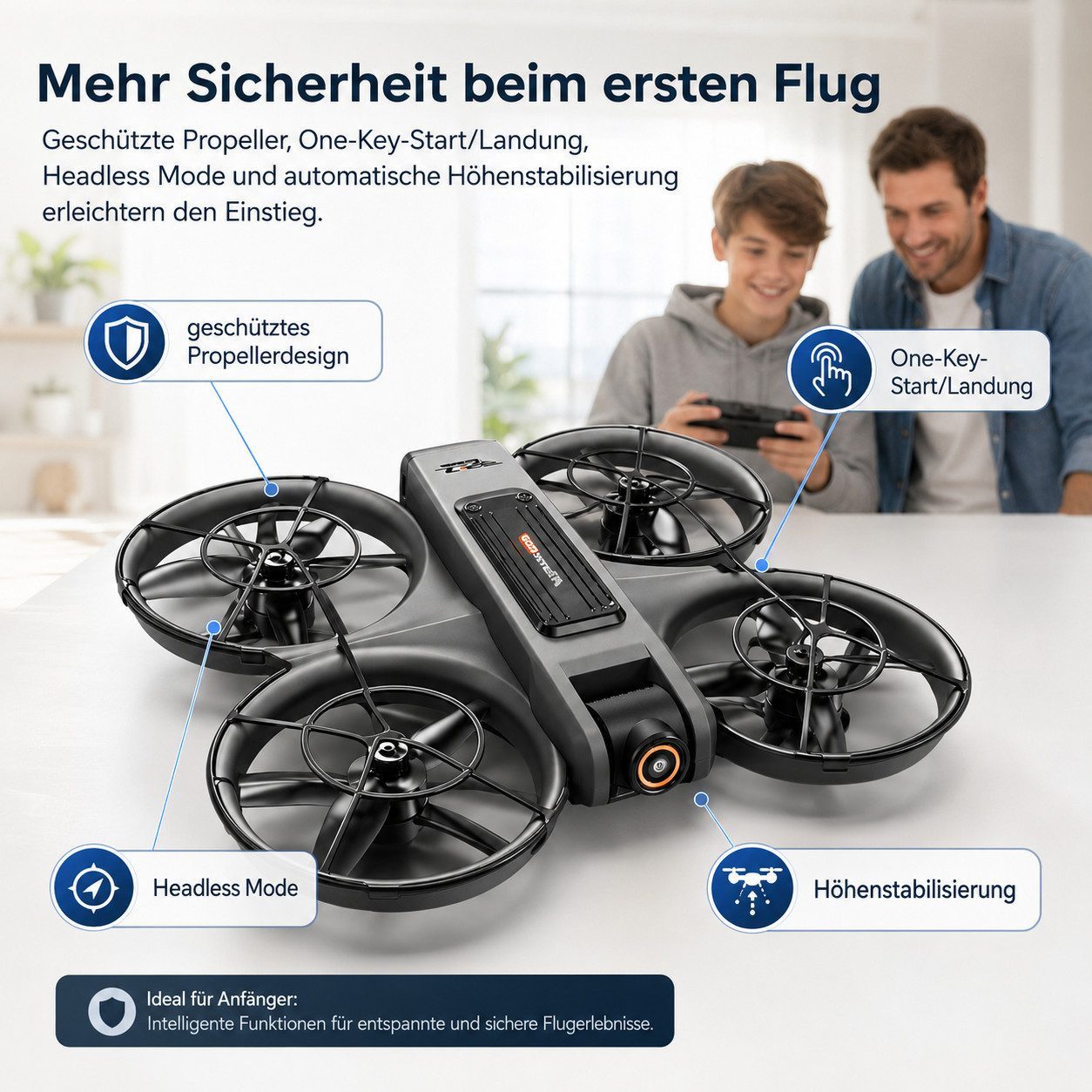 Goldstern-Tech RC-Quadrocopter (Drohne mit Dual-Kamera & Full-HD Displaycontroller, Kameradrohne, bis zu 60 Min. Flugzeit), Optical Flow, 360° Flugmodi, Propellerschutz