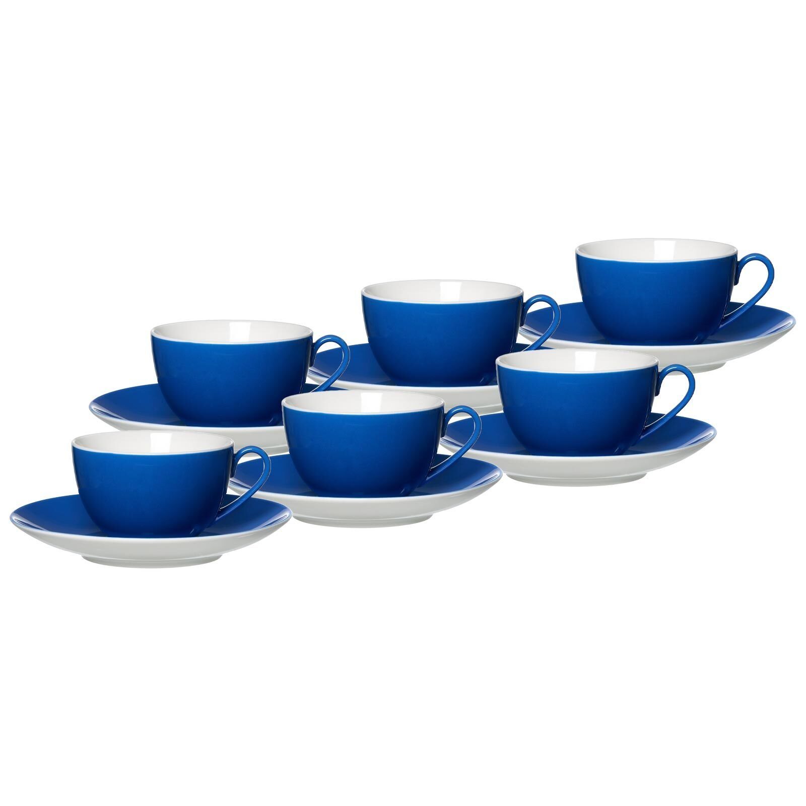 Ritzenhoff & Breker Tasse Doppio Kaffeetassen mit Untertassen 200 ml 6er Set, Porzellan Indigo Blau