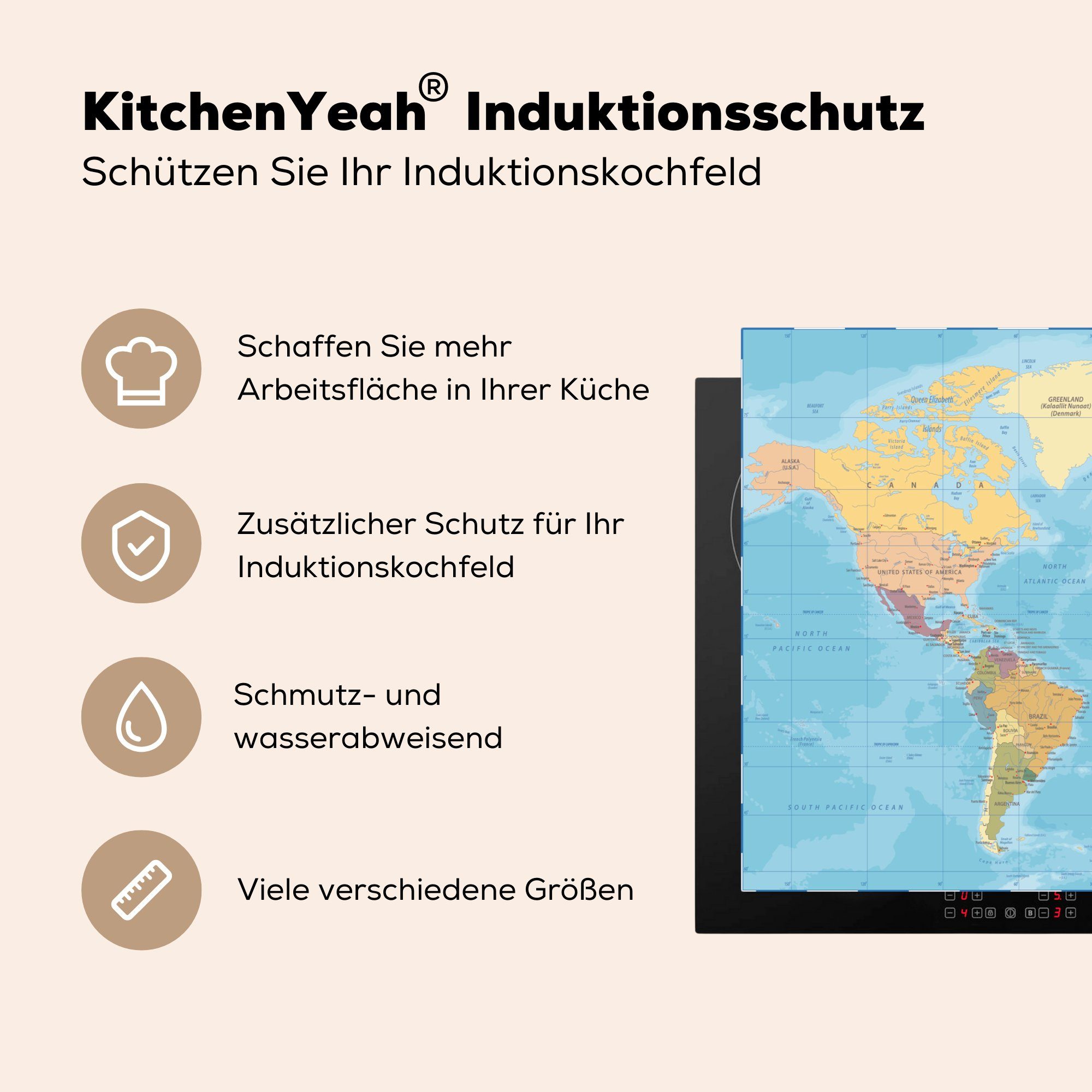 Statistisch 83x51 küche - (1 Ceranfeldabdeckung, Weltkarte cm, Arbeitsplatte Jahrgang, Vinyl, - tlg), MuchoWow für Herdblende-/Abdeckplatte