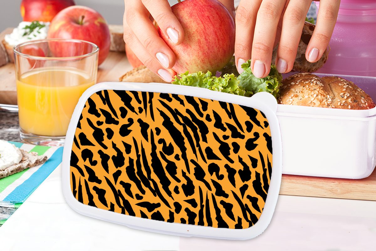 Muster Kunststoff, und (2-tlg), - Brotdose, Lunchbox weiß Erwachsene, Kinder für Haut Tigerdruck, Brotbox MuchoWow für - Jungs und Mädchen