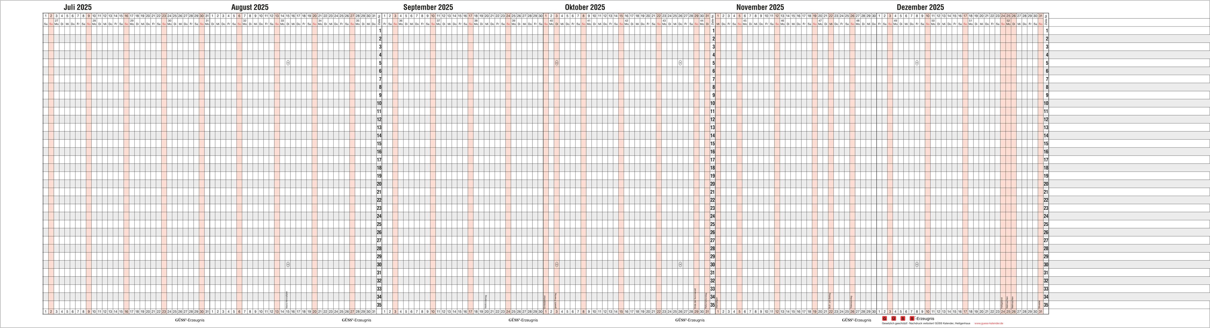 GÜSS Kalender Jahresplaner 2025 Güss Endlos-Monatsund Jahresübersicht 35 Pers. 23mx30cm