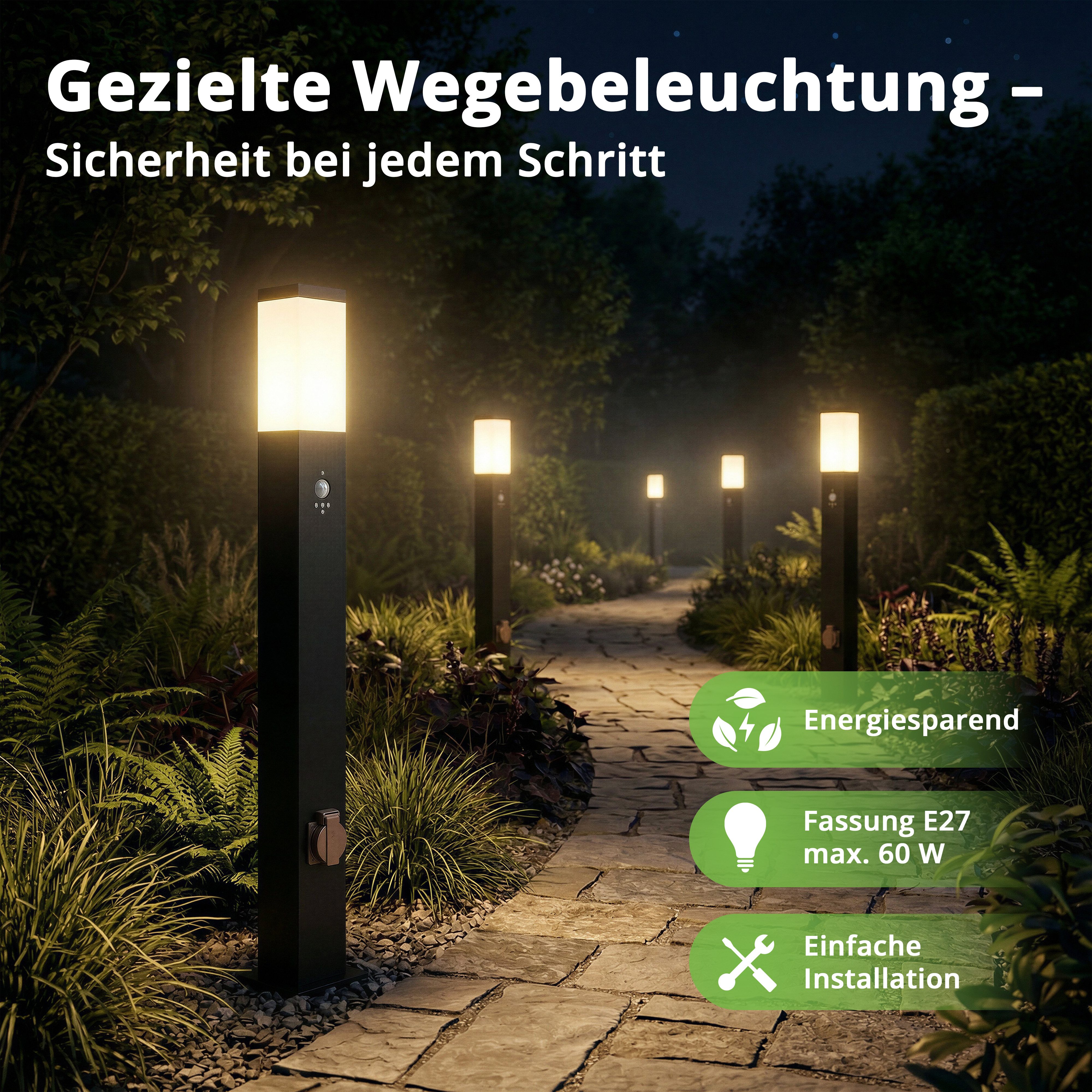 Grafner Außen-Stehlampe Wegleuchte Standleuchte 100cm 2 Steckdosen Bewegungsmelder anthrazit, ohne Leuchtmittel, Wegleuchte – Bild 2 von 5