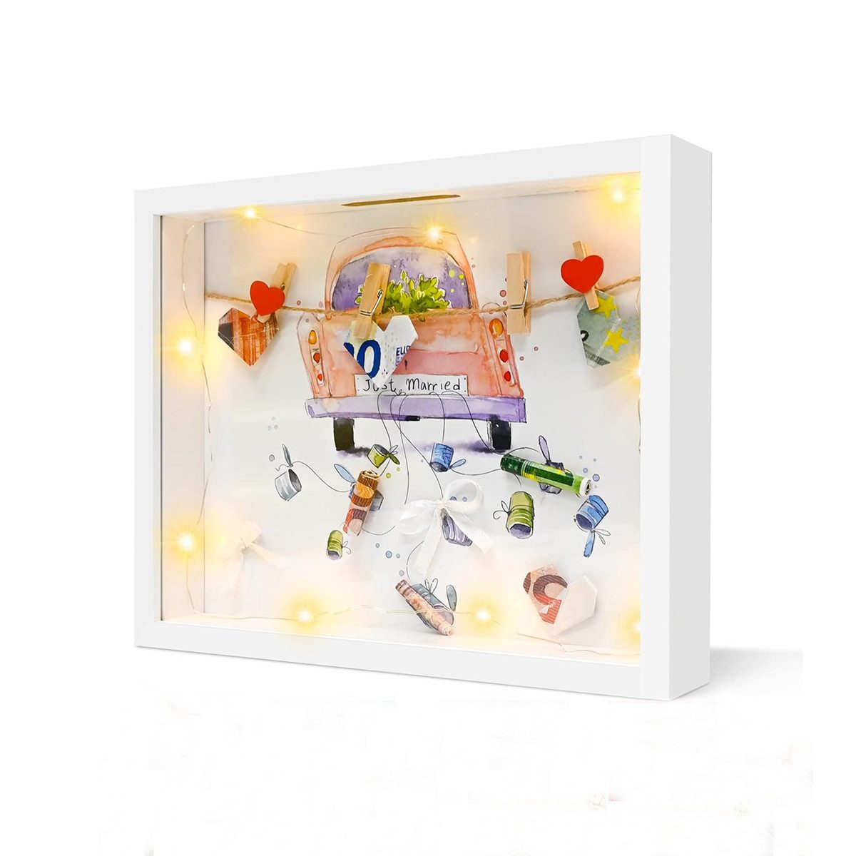 XDeer Einzelrahmen 8 in 1 Bilderrahmen Spardose 3D Befüllen Spardose Geldgeschenk, mit Licht und Plexiglas Sparbüchse Bilderrahmen Geld