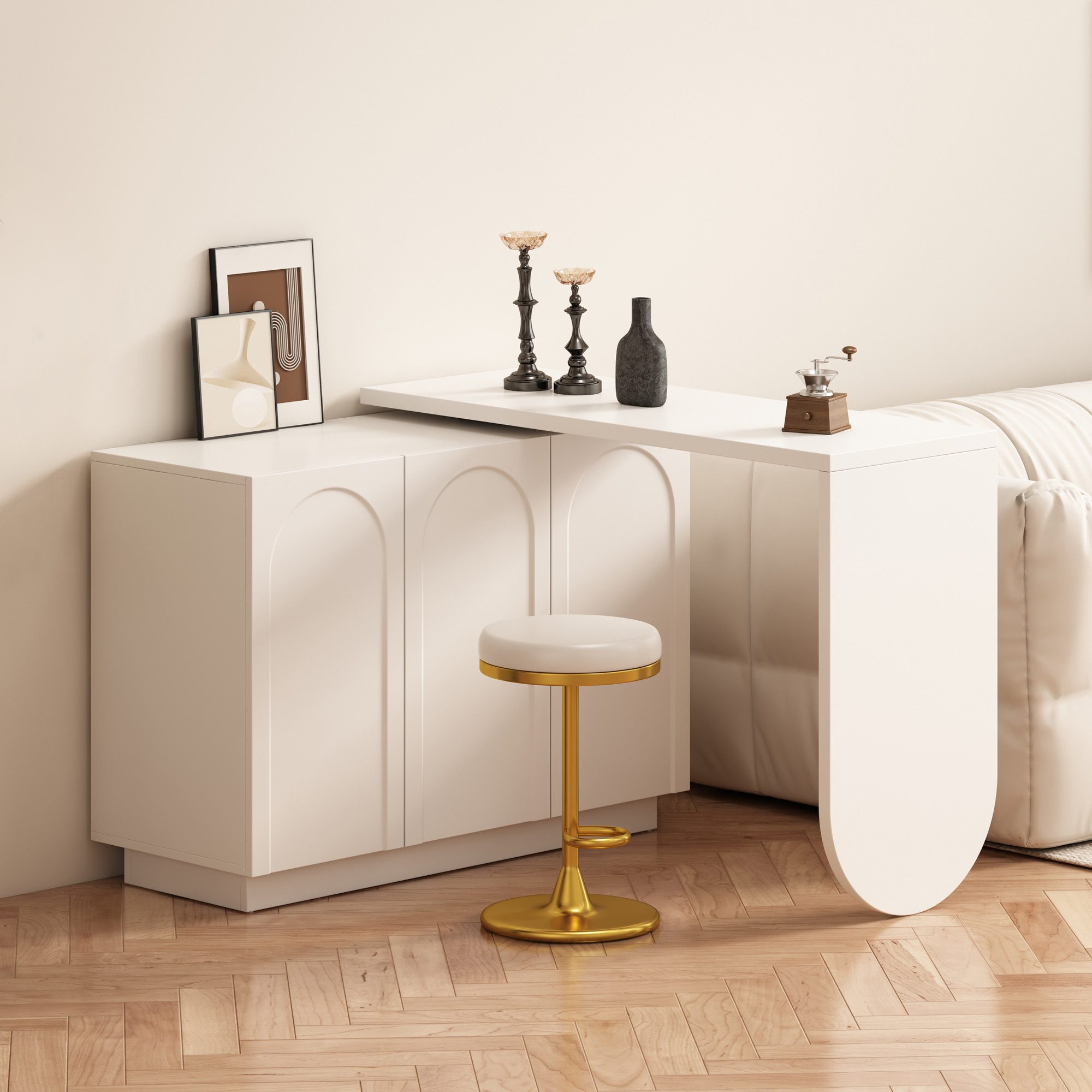 Flieks Kommode mit 360° drehbar Tisch weiß (B110-170/T40/H75cm, 1 St., mit verstellbarer Ablage), Schminktisch Eckschreibtisch Sideboard mit Stauraum, Breite 110/170 cm