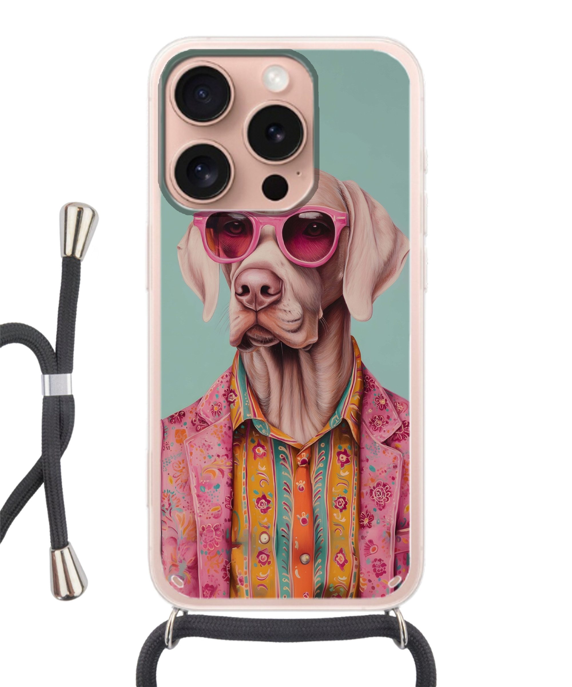 MuchoWow Handyhülle für Apple iPhone 16 Pro Hund - Hemd - Blumen - Brille, Tragbare Handyhüllen mit Kette zum umhängen, Handykette Handyband