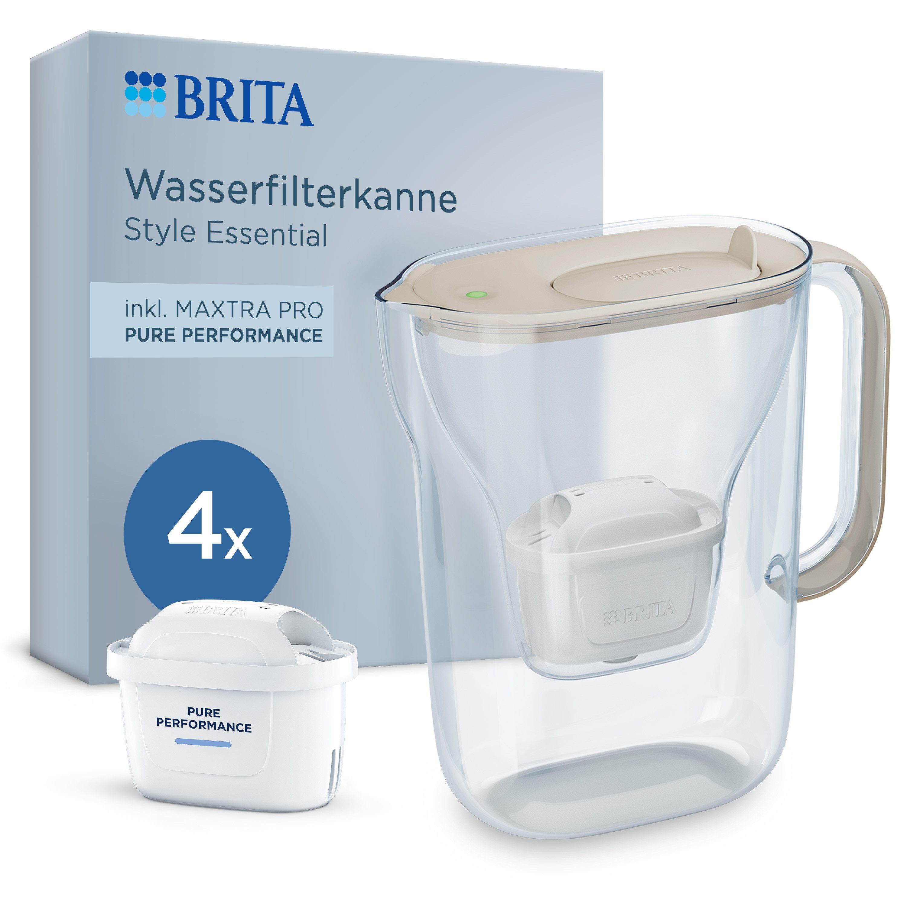BRITA Wasserfilter Kanne MAXTRA Style Essential sand (2,4 l), 1x Pure Performance Filter, Filterkanne mit Filterwechselanzeige, reduziert Verunreinigungen