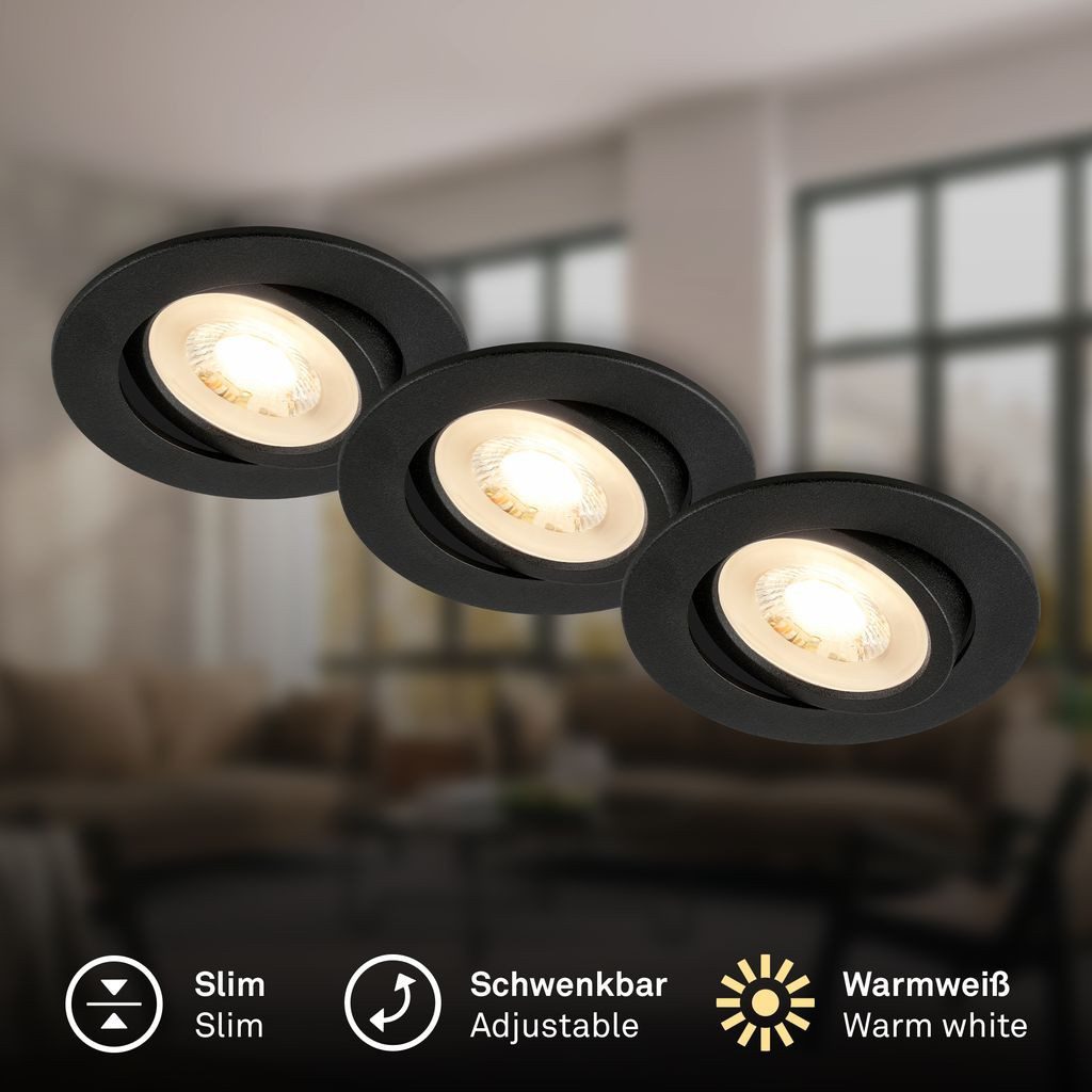 Briloner Leuchten LED Einbauleuchte Einbauspot 8 x 6,3 cm Weiß GU10 je 4,7W Wohnzimmer Küche Flur, LED wechselbar, 3000K - Warmweiß, Einbauleuchten 8 x 2,2 cm Schwarz GU10 je 4,7W Wohnzimmer Küche Flur
