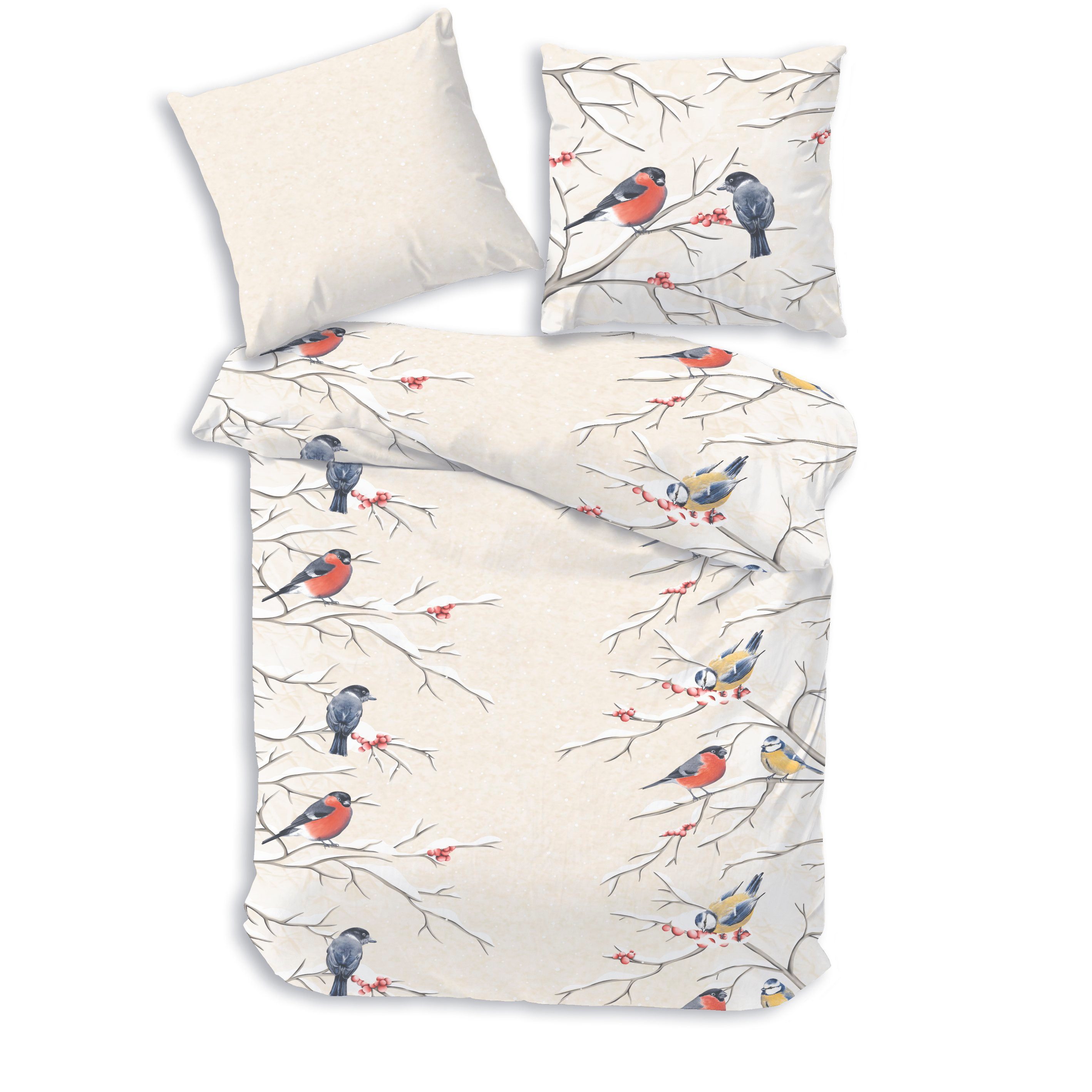 Bettwäsche Biber 135x200 cm Creme Beige - Wintervogel Motiv