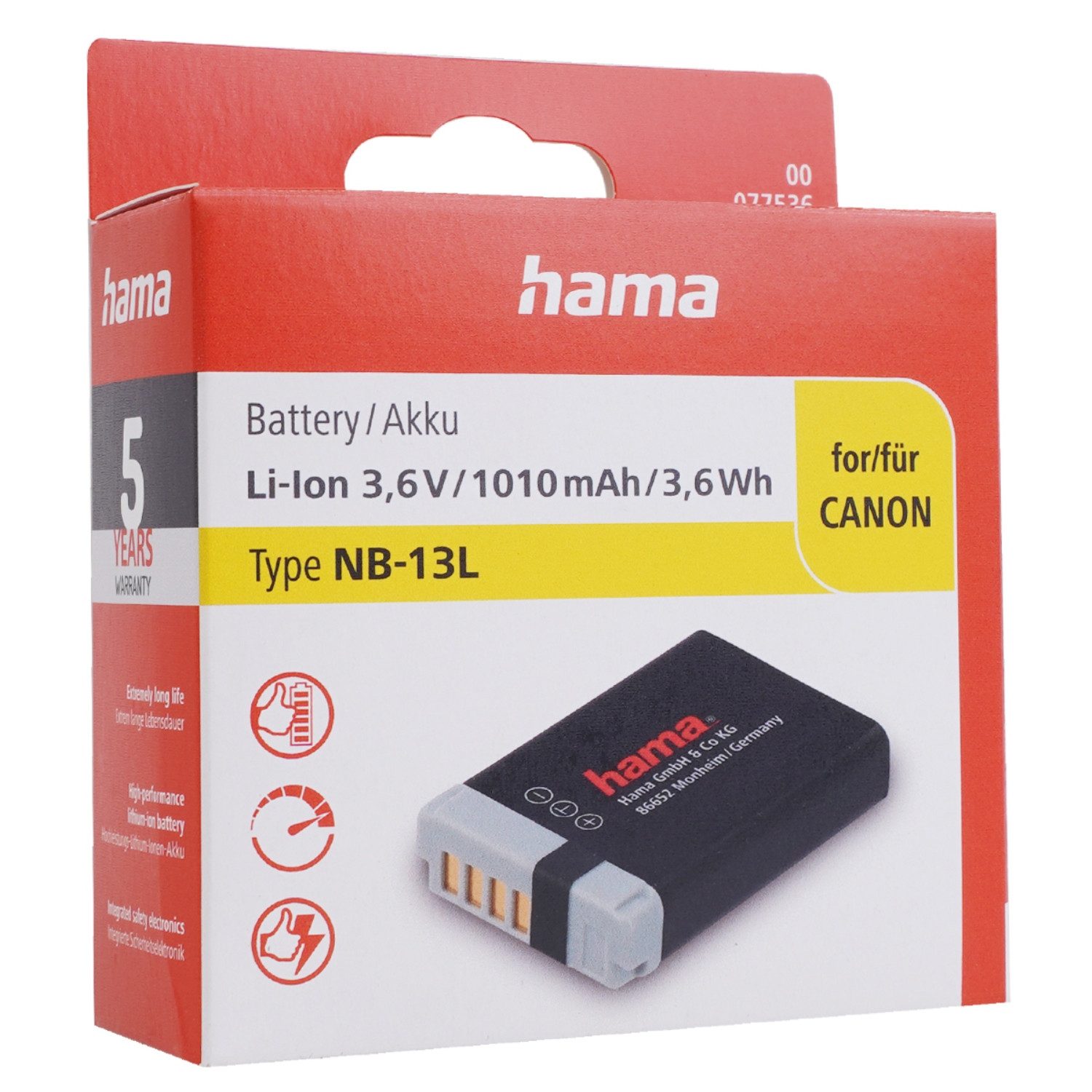 Hama Li-Ion Akku 3,6V passend für Canon NB-13L Kamera-Akku 1010 mAh (3,6 V), passend für Canon PowerShot G5X G7X G9X SX620 SX720 SX730 SX740 etc