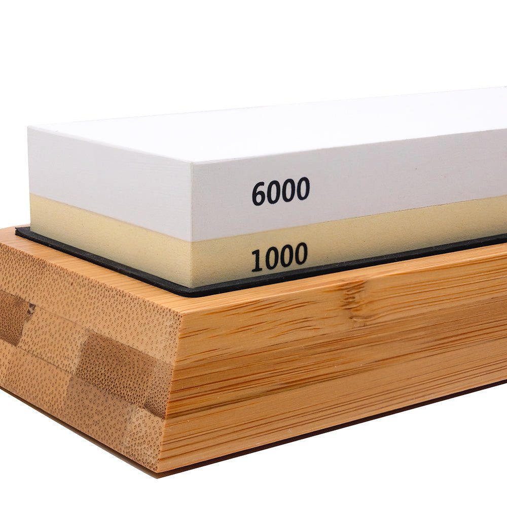 KLAMER Schleifstein Set 1000/6000 Körnung Doppelseitiger Messerschärfer Abziehstein Wetzs…, Für alle Messer geeignet, rutschfestem Bambusboden, beidseitig